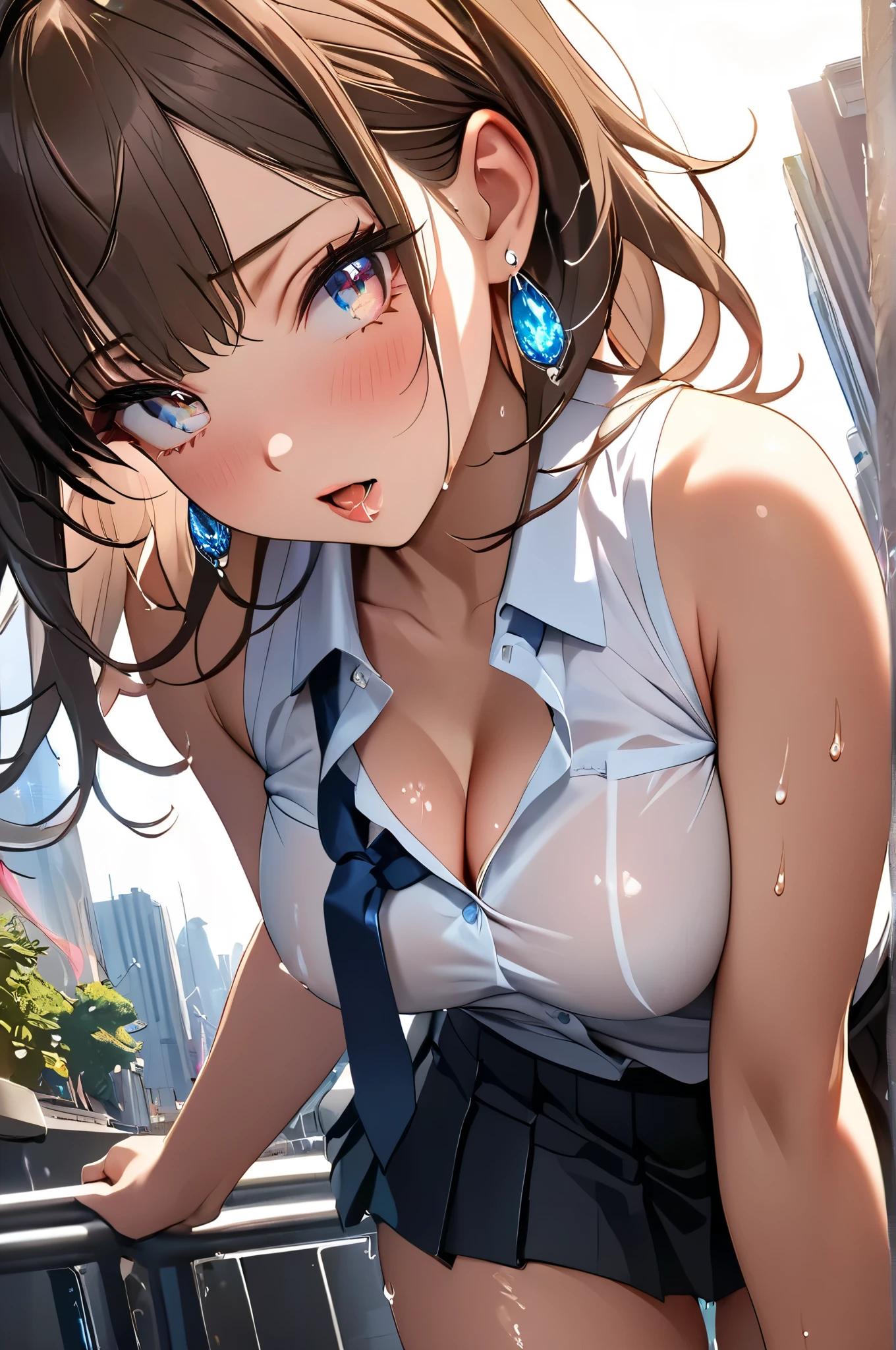 ((masutepiece, Best Quality, hight resolution, nffsw, Perfect Pixel, 4K, nffsw, nffsw))), 1girl in, Single, Solo, Beautie、full body seen、 ((Middle Wave Hair, Bangs, Brown hair)), ((Brown-eyed, Beautiful eyelashes, Realistic eyes)), ((Detailed face, Blushing:1.2)), ((Smooth texture:0.75, Realistic texture:0.65, Photorealistic:1.1, Anime CG style)), medium breasts, Dynamic Angle, Perfect body, White tennis wear, Shirts with short sleeve collar、pleatedskirt,breasts looking、(no-bra)、、, tennis coat、during daytime、all-fours、Looks Back、Transverse breasts、Very embarrassing panic smile、(Pink lace panties)、