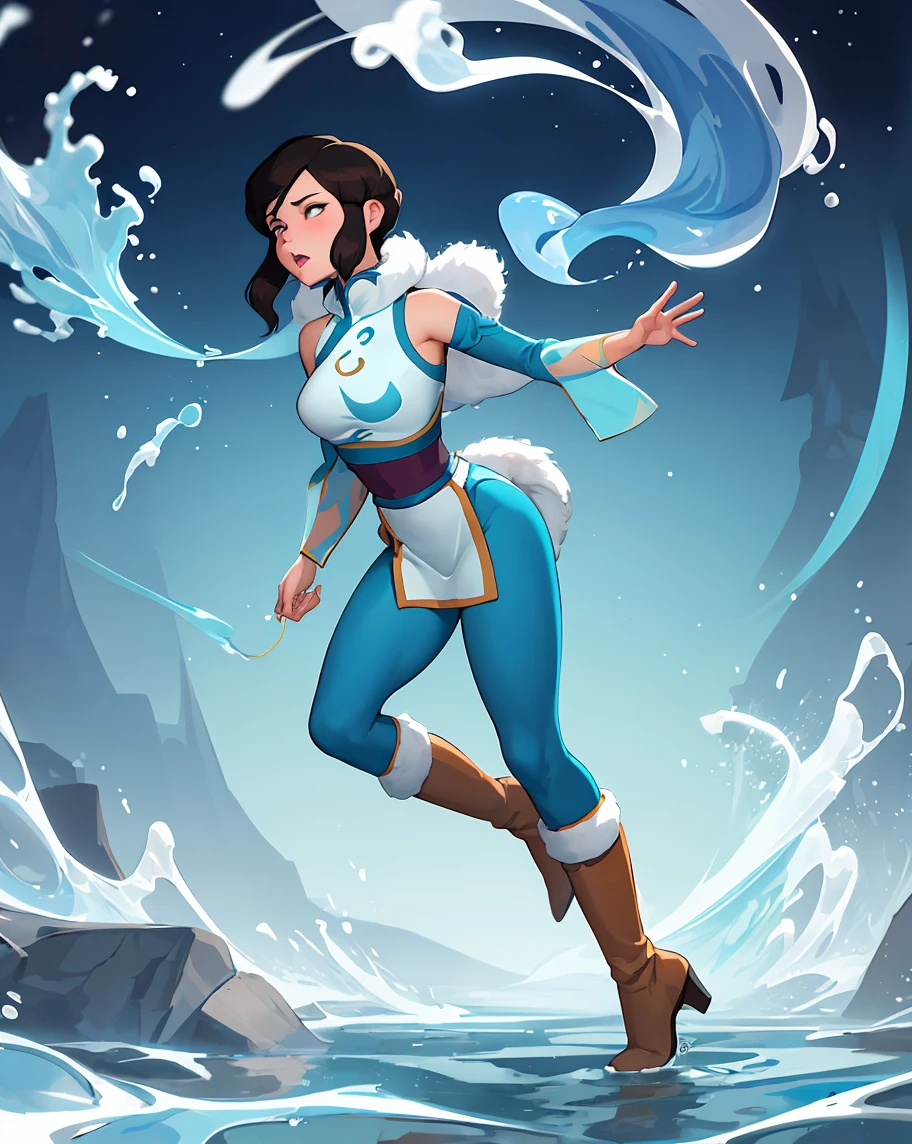 waterbending at its' finest, award winning photo, female, 1girl, waterbender clothing, a mix of katara and korra appear-wise, full body picture, skilled water bender, artic tibet clothing, clothed, brown fluffy boots