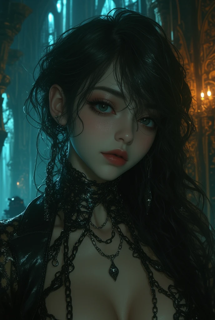 Mujer arafed con cuernos y maquillaje en un cuarto oscuro., Arte digital por Maxim Verehin, ganador del concurso cgsociety, gothic art, portrait of a dark fantasy nymph, Mujer joven con astas, Dark fantasy portrait, in style of dark fantasy art, Dark fantasy mixed with realism., Stefan Gesell, Dios, yuri shwedoff y tom bagshaw