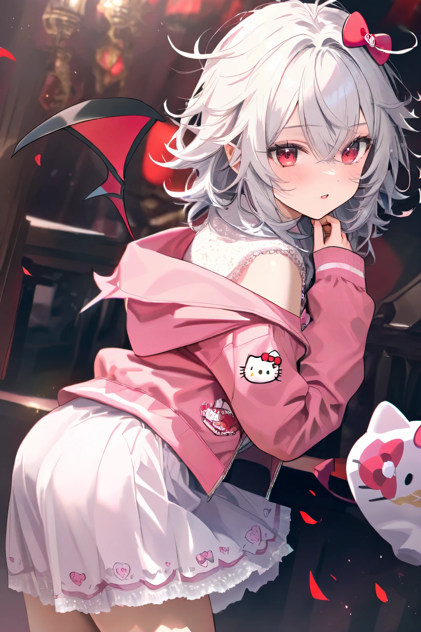 Anime Vampire Girl with messy hair white color hair with turquiose hair color bad ass dude Red evil eyes with scorpion inside the eye pink lether jacked 8k resolution Great details on face handsome dress in pink jacket with hello kitty