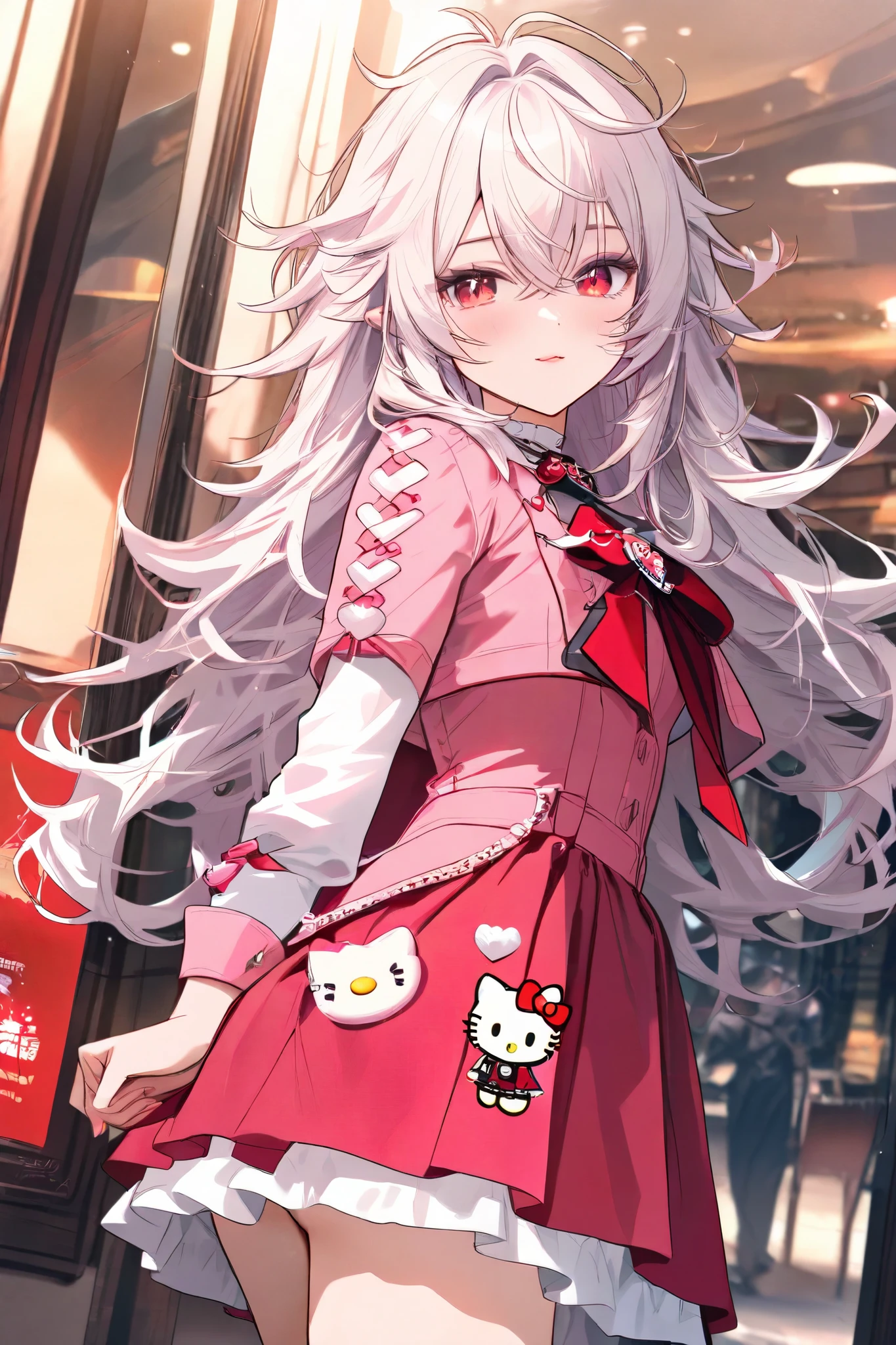 Anime Vampire Girl with messy hair white color hair with turquiose hair color bad ass dude Red evil eyes with scorpion inside the eye pink lether jacked 8k resolution Great details on face handsome dress in pink jacket with hello kitty
