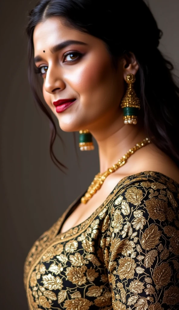 (editorial photograph of an Indian actress Ayesha Singh,  energetic, 21 y.o. female), (wearing worn out clothes, detailed:1.3), (highly detailed face:1.4), (background inside dark, moody, private study, studio lights:1.3), (8k, uhd, dslr, high quality, cinematic lighting, bokeh), (dramatic, award winning photography, incredible masterpiece:1.3) (strong depth of field), dark maroon lips, Ayesha Singh Hindi Actress(model), pale white skin, glowing skin, ((film grain, skin details, high detailed skin texture, 8k hdr, dslr))  , sweet smile,beautiful face, beautiful eyes, ((small nose)), big natural lips, blue sari and orange blouse