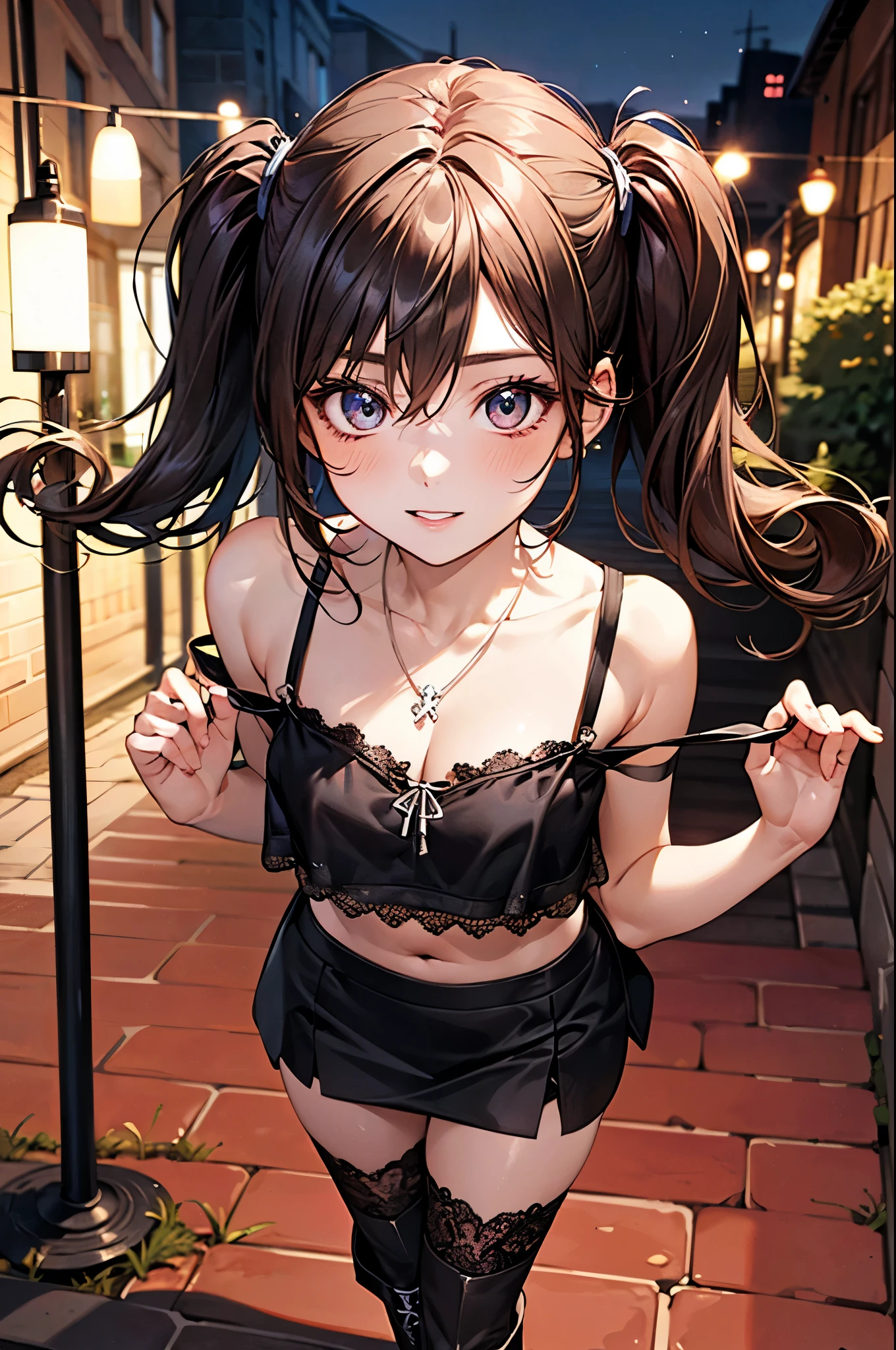 Highest quality、One Girl、Black hair twin tails、Inner curl、Iris、Pink blush under the eyes:1.3、Small Face、Laughter、Black bikini with ruffles:1.5、:1.4、narrow、Put your hands on your face:1.2、night、Night Pool、unmanned、Have a look at this、View from the front、Background Blur