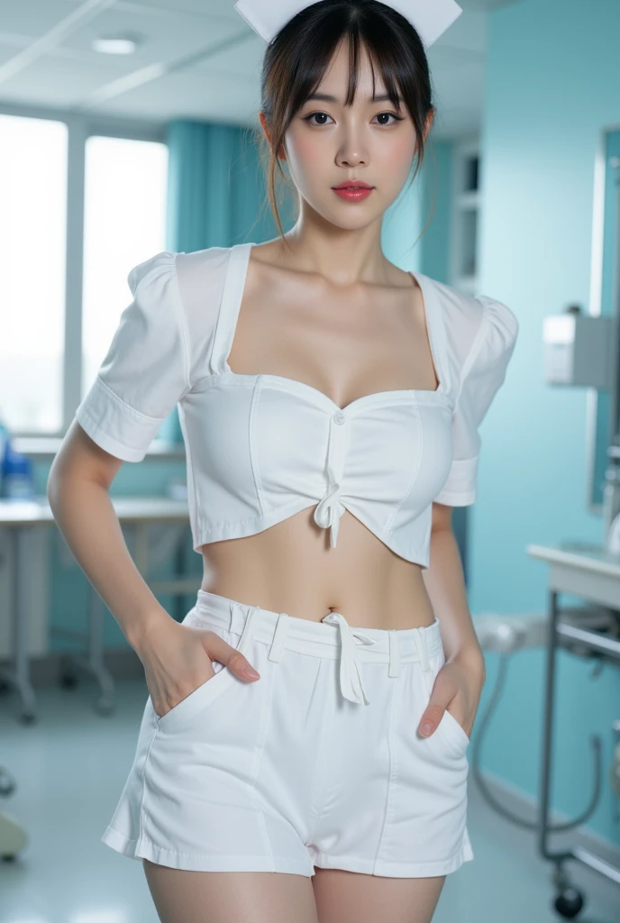 (masterpiece:1.3), (8k, Realistic, RAW Photos, Best image quality: 1.4), Japanese, (1 girl), Beautiful Face, (Lively Faces), (short hair:1.3), Beautiful Hairstyles, Realistic eyes, Beautiful Eyes, (Realistic Skin), Beautiful Skin, charm,Big Breasts、office、(Shooting from a distance、Beautiful feet、whole body:1.7)、(Look here、He turned his body towards me、front、forward leaning posture、munechira:1.3)、(The bra is slightly visible、Brasilia:1.3)、(White shirtを着ている、Round Neck Shirt、A shirt with a slightly open chest、White short sleeve shirt、White shirt:1.8)、(Cleavage:1.2),smile、smile、Beautiful fingertips、(Japanese office lady,beauty:1.5)、(Black spats、White shirt、Tight shirt、Clothing that emphasizes your body line),(The edge of the bra is slightly visible、Exposed breasts、Brasilia:1.3)、(Hospital room、hospital、Health Room)、(Female doctor、Female doctor、Wearing a white coat:1.4),(V-neck shirt,Cleavage、The bra is slightly visible:1.5),Red embroidered bra、Sitting、(Panties are visible、Crotch is visible:1.4)、Anatomically correct、(Wearing a shirt、Wearing a tight skirt:1.8)