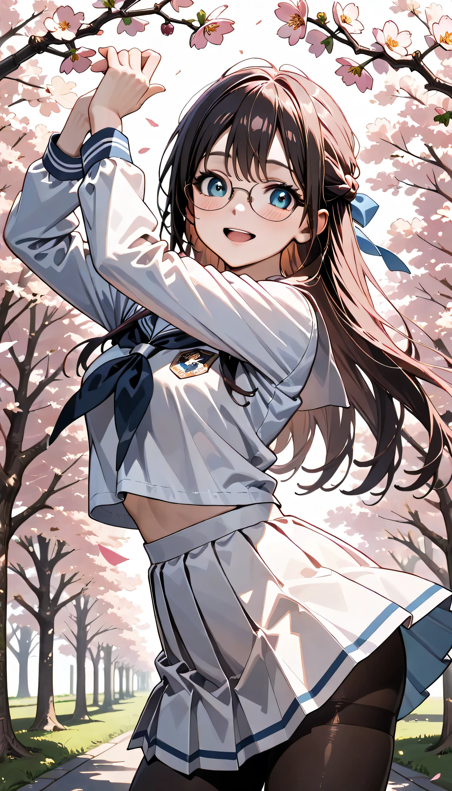 ((ultra-detailed)), (highly detailed CG illustration), (best quality:1.2), ultra-highly detailed, colorful composition, artistic photoshoot, 1girl, solo focus, ((cowboy shot:1.4)), moe anime character,  girl, dainty facial structure, (bab(round face), ((rounded chin:1.2)), celia-default, celia claire, (blue eyes), ((wearing glasses:1.4)), g-boston19A, grasses, ((black hair color)), ((long hair)), ((half updo)), ((hair ribbon with red)), ((fluttering hair)), ample breasts, school uniform, sailor suit, traditional Japanese style with navy blue and white colors, navy blue pleated skirt, ((black tights:1.4)), see-through white panties, ((happy:1.5)), ((joyful:1.5)), ((laughing:1.4)), ((blush:1.4)), ((looking viewer)), ((standing along the cherry blossom trees:1.4)), ((cherry blossom petals dancing:1.4)), ((Cherry blossom petals dancing)), from front, ((dynamic pose)), ((contrapposto pose)), best quality, masterpiece, expecting, pink cheek, blush, light pink gloss slip, portrait, depth of field, soft lighting, sidelighting, (shine), lighting, caustics, ray tracing, smile, perfect face, lustrous skin, highly detailed face, highly detailed eyes, perfect face, perfect nose, perfect hair, perfect eyes, perfect anatomy, beautiful hair, beautiful small face, extremely detailed face, beautiful detailed eyes, beautiful clavicle, beautiful body, beautiful ample breasts, leavage, breasts squeezed together, equalize the size of the left and right breasts, beautiful thin thighs, beautiful legs, beautiful fingers, 4 fingers, 1 thumb, lovely, (very detailed background:1.0), (highly detailed background:1.0), spring aesthetic, intricate details, joyful atmosphere, spring colors palette, chromatic aberration