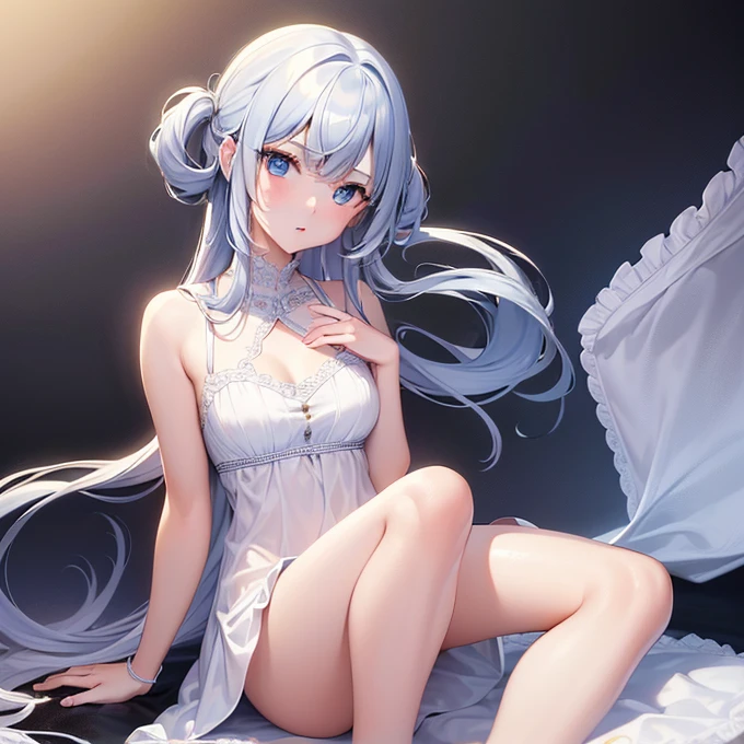 white hair,Top image quality,s girl,masterpiece,de pele branca,Semi-long hair,negligee,hime-cut,small tits,tits out,Glowing face,lyin in bed,waking up
