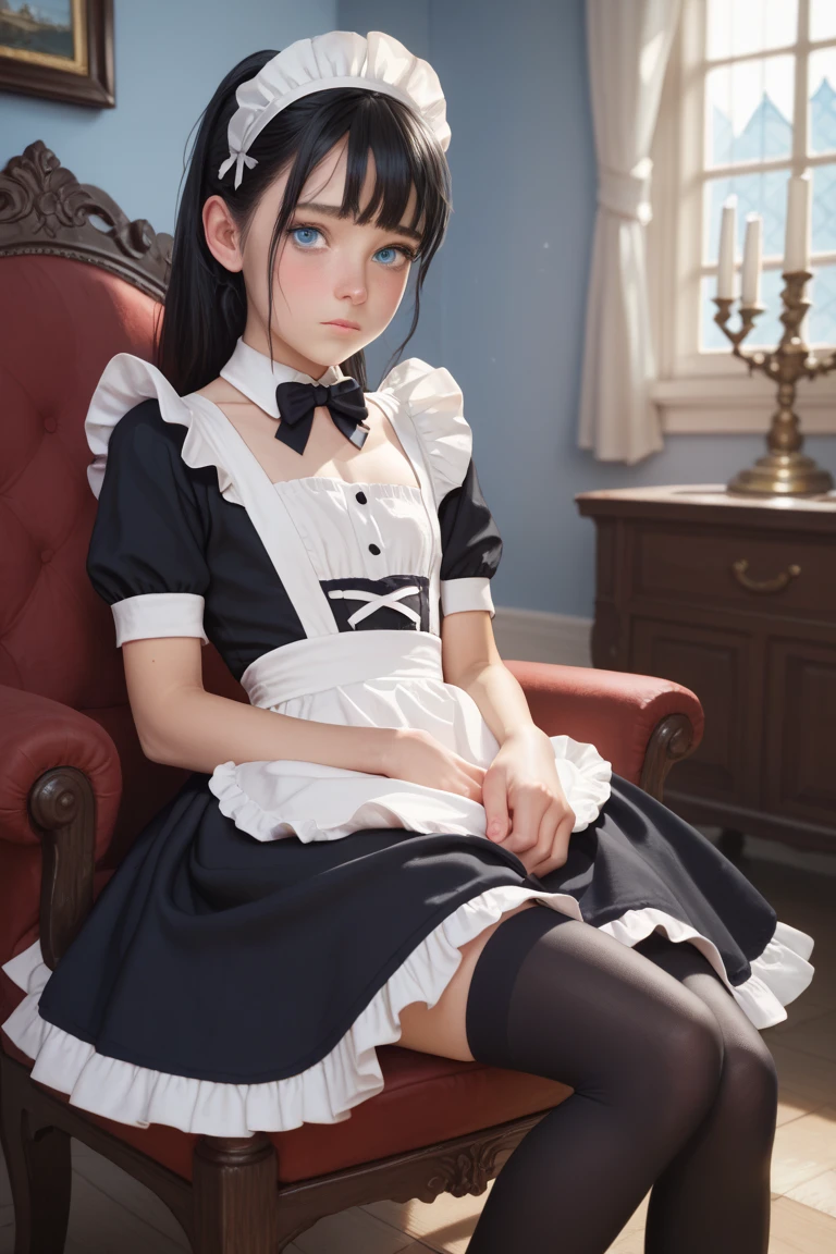 8K、Genshin_impactful,Blue_Eyes,Black_hair,barbara \(GenshinImpact\),Twin-tailed、((A dark-haired:1.4))、(((full body seen)))、Smaller chest、Anime girl in Lolita clothes、Lolita costume、(((Long skirt)))、glint, scowl, Jitome, sulking, deadpan、White stockings、White tights、Left-facing composition、to stand
