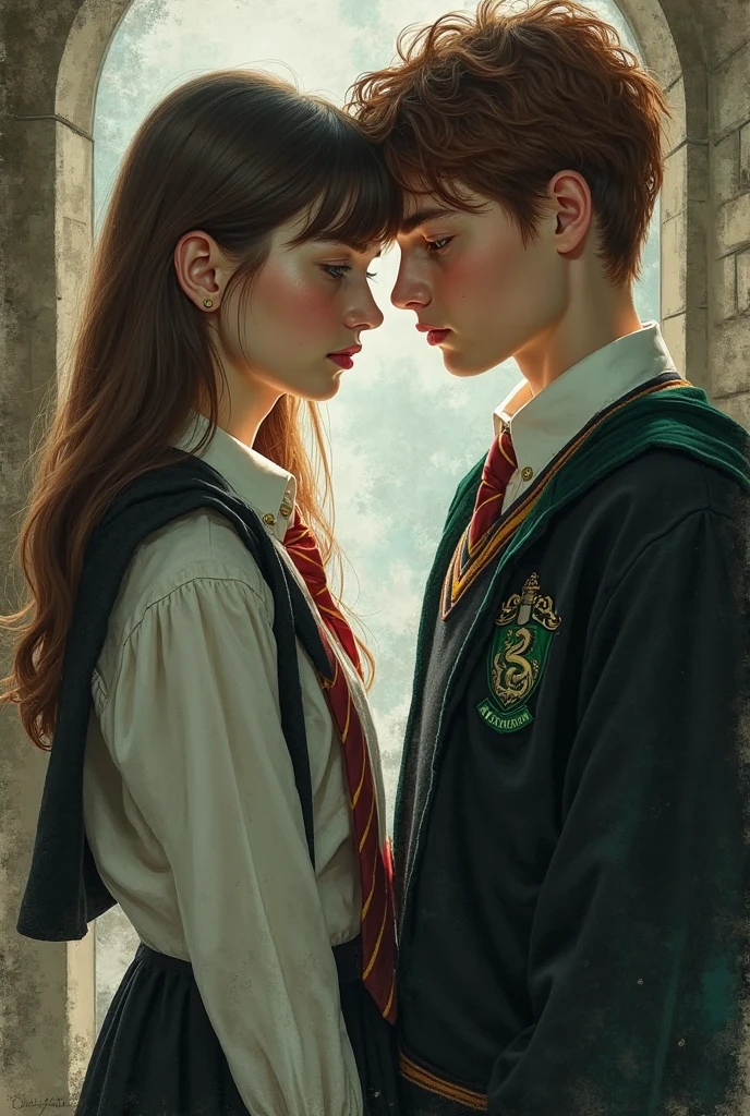 Gay couple + beautiful + Victorian era + hogwarts + Slytherin one boy with black curly hair + brown eyes + scar across left eye + tall + handsome + Korean + Irish + other boy with brown hair + brown eyes + freckles + slightly shorter + Scottish + Slytherin + in love + kiss on cheek + both boys + wholesome + hogwarts uniform
