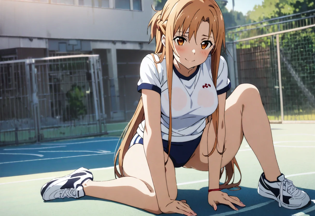 ((1girl)), asuna \(sao\), sword art online,full body,Sexual seductive poses,A fascinating smile,medium breasts,gym uniform, gym shirts, white t-shirts,((buruma)),schoolyard,masterpiece, best quality, absurdres,