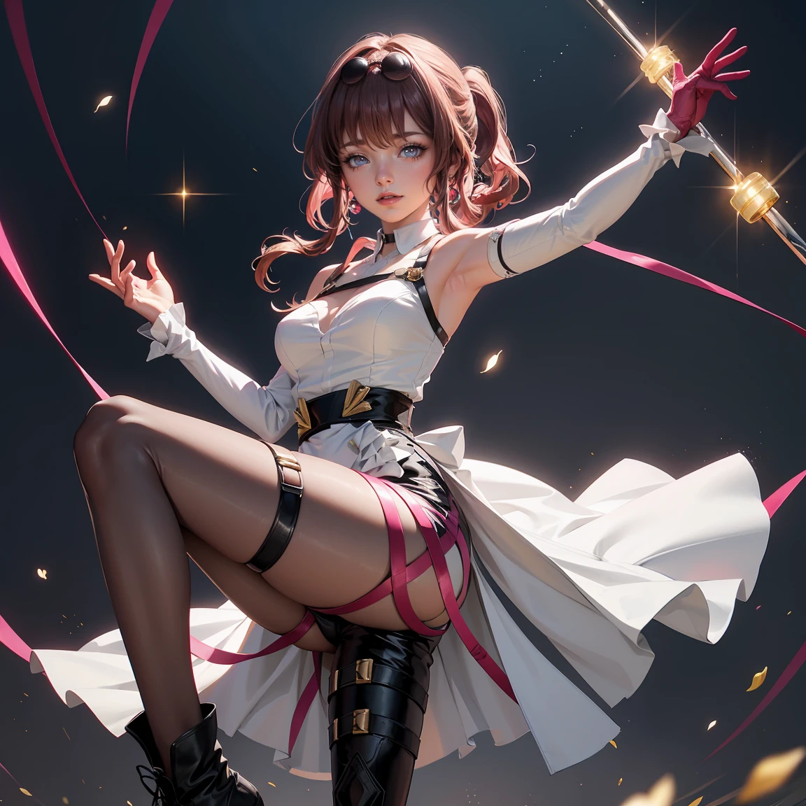 Kafka_(honkai: star rail), medium hair, flowing hair, floating hair, ornament hair, perfectly body, perfectly hands, dark pink rose on hair, 1 girl, Looking at the audience, flowing hair, Beautiful Eyes, Plump and glossy lips, Idol, dress with too many frills, black dress, gold laces, black Short skirt, Drape clothes, red gem, Lace trim, bright stage, luxury gold details, gold jewelry, more details, best quality, Big sparkling eyes, blushing, Striped Lace Stockings, black Lolita skirt, sparkle, solo, centered girl, cowboy shot, perfectly body, perfectly hands, two arms, two legs, two hands, five fingers, perfect anatomy, glowing hair, red roses, 1girl, dress, solo, flowing hair, floating hair, ornament hair, perfectly body, perfectly hands, on the stage, sparkles, more details on her clothes, dress with transparency, golden details on her dress, night, holding a microphone, ((4k, masterpiece, top-quality)), 8k, best quality, high resolution, UHD, (illustration:0.8), super cute girl, delicate and beautiful face, mature girl, super cute hairstyle, (beautiful detailed eyes:1.6), extremely detailed face, perfect lighting, extremely detailed CG, (perfect hands, perfect anatomy), Best quality, cleavage, small skirt, full Body, two arms, two legs, two hands, five fingers