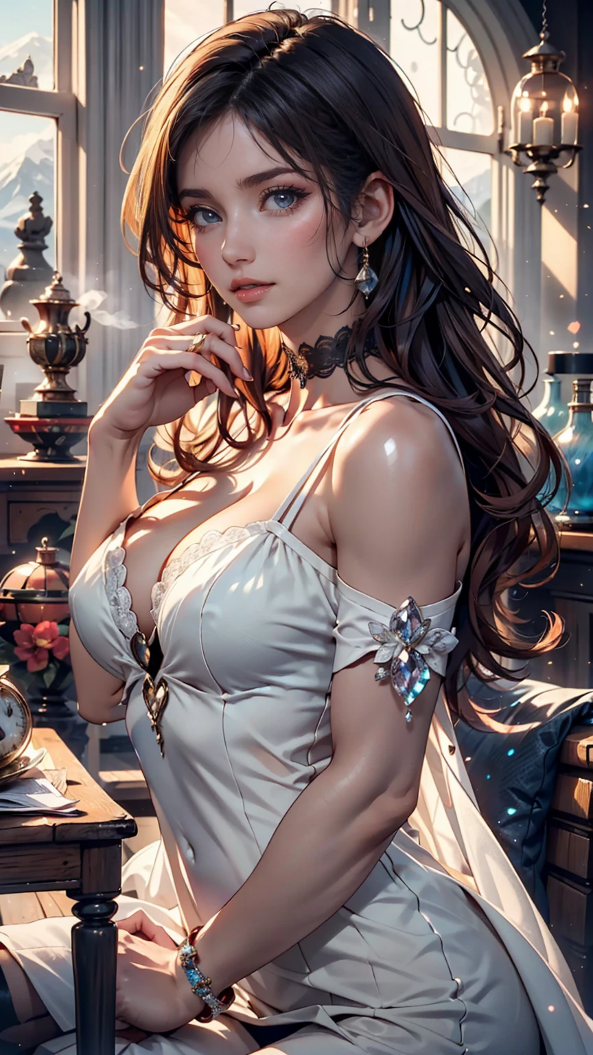 Rinoa, Blue Duster, Blue wristband, Half Body, smile, have a necklace, An unparalleled masterpiece, Ultra-realistic 8K CG, Perfect artwork, Seductive posture, Sexy pose, Fascinating, clean, Beautiful Face, Pure Face, Pale skin, Exquisite detail, reputation, nice, luxury, Luxurious ballroom、Sexy proportions、Sexy、Narrow waist、Slim but toned body