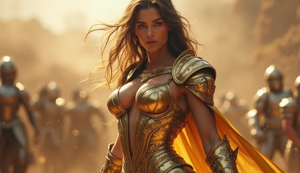Ingrid is a beautiful female warrior, dirty brown hair, in the style Simon Bisley, skimpy chain mail, high detail face, high detail skin, curvy muscular body, medium sized breasts, Heavy Metal aesthetic, battlefield background, high quality, masterpiece, realistic photo, intricately detailed, 8k, HDR lighting, shallow depth of field, wide light, high contrast, backlight, light flares, sharp focus, RAW color photo, looking at the camera, cool colors, erotic pose, fierce