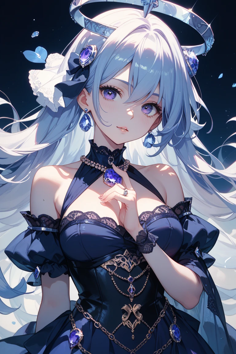 (masterpiece, ultra-detailed, best quality, hires, absurdres, very detailed illustrations, intricate details, extremely detailed 8k cg, beautiful lighting, HDR, colorful, beautiful lighting, correct proportions:1.3), (realistic:0.3), 1girl, furina \(genshin impact\), blue hair, white hair, ahoge, streaked hair, ((perfect face)), (blue eyes:1.1), eyeslashes, eyeliner, (glowing eyes:1.2), (half-closed eyes:1.1), ((detailed eyes)), hat, blue headwear, black headwear, ascot, jewelry, brooch, frills, long sleeves, gloves, white gloves, black gloves, small breasts, (portrait, close-up:1.3), bored, (head rest, head tilt:1.2), parted lips, (dark background:1.1), dark theme,