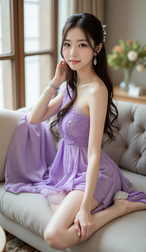 Highest quality, High resolution, Very detailed), Beautiful woman, Detailed face, Detailed eyes, Sparkly long dress, night background with light and Flowers, Neon color, Portraiture, Soft and warm colors, Ambient Lighting, whole body, Flowers, Light, Lying in bed