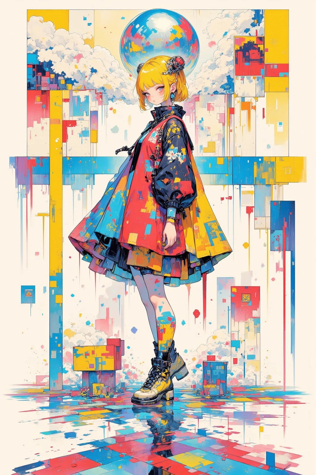 Woman dancing in a colorful puddle,mirror ball,I'm crashing to the ground  ,  Poster Art ,  screen print poster ,   graphic novel cover art ,   graphic details  ,  promotional art , Poster illustration, Illustrated poster, By Jens Sondergaard   ,  Fashion illustration drawn on a watercolor white paper background,promotional poster by Yanagawa Nobumasa, , Comic book cover  ,  fashion illustration inspired by Emil Lindenfeld falling to the ground  ,centerline, 