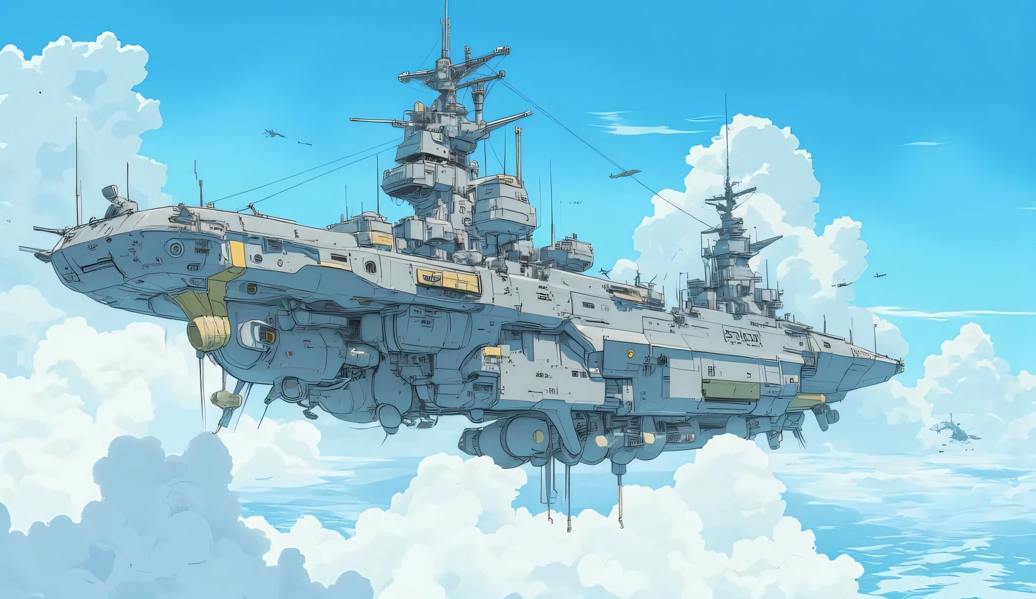 Flying Battleship,the shape of a World War II warship,retro and sophisticated design,Linear shape,main gun fired,cannon,bridge, machine gun ,Cannon under the hull,fly in satellite orbit,Anti-gravity device,Escort fighter,Fleet Warfare ,blue sky,cloud