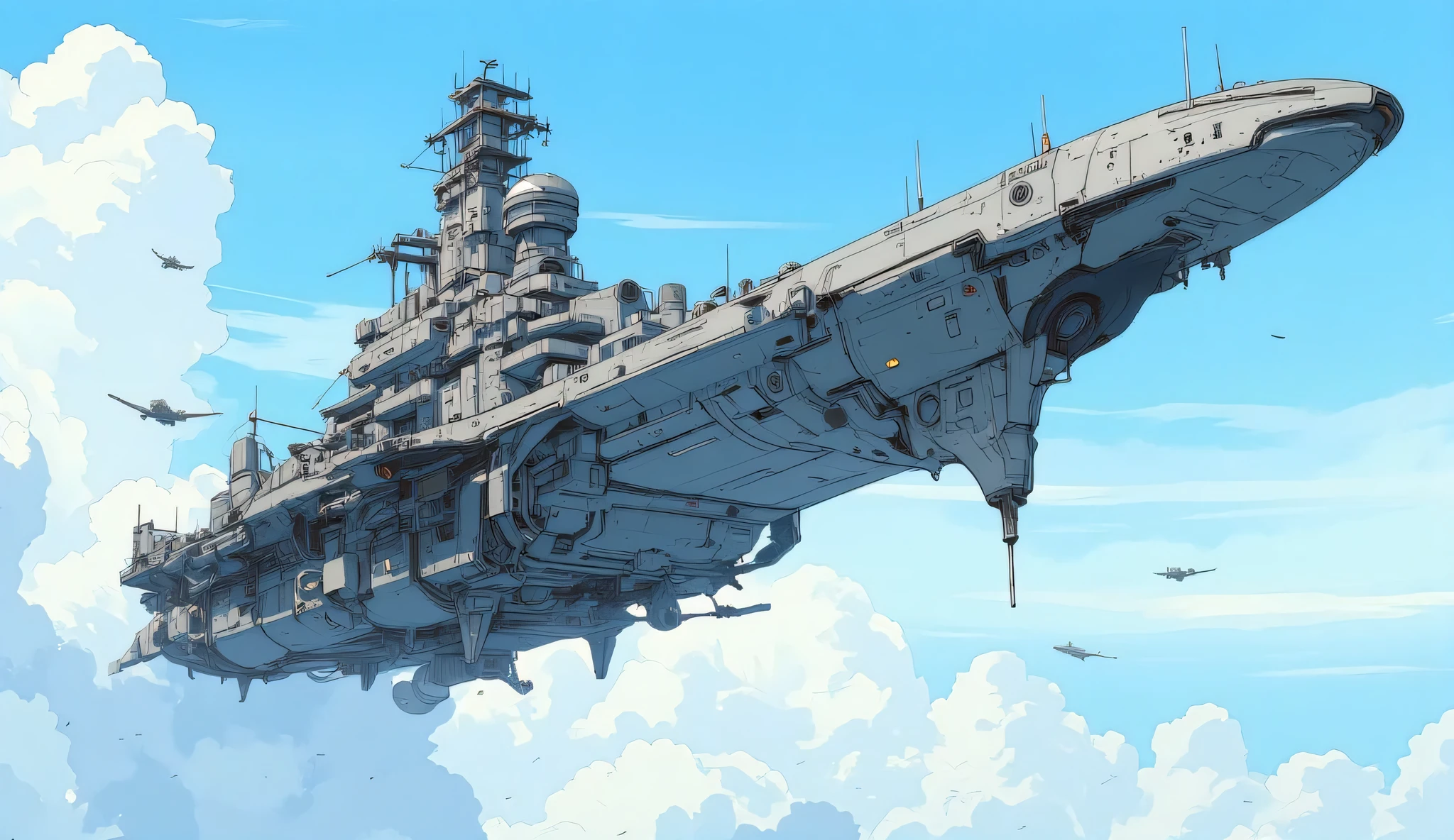 Flying Battleship,the shape of a World War II warship,retro and sophisticated design,Linear shape,main gun fired,cannon,bridge, machine gun ,Cannon under the hull,fly in satellite orbit,Anti-gravity device,Escort fighter,Fleet Warfare ,blue sky,cloud