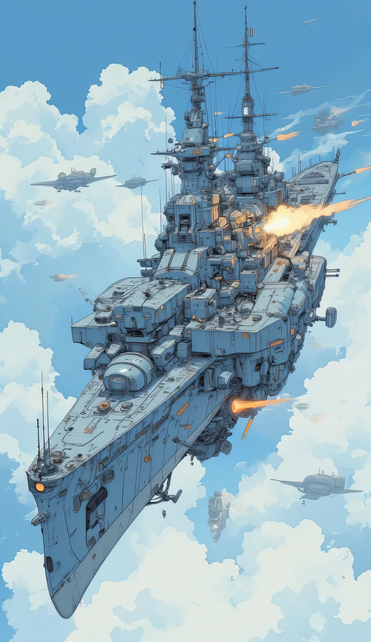 Flying Battleship,World War II warship shape,retro and sophisticated design,main gun fired,cannon,bridge,Machine gun,Steam engines and gears,fly in satellite orbit,Anti-gravity device,Escort fighter,blue sky,cloud