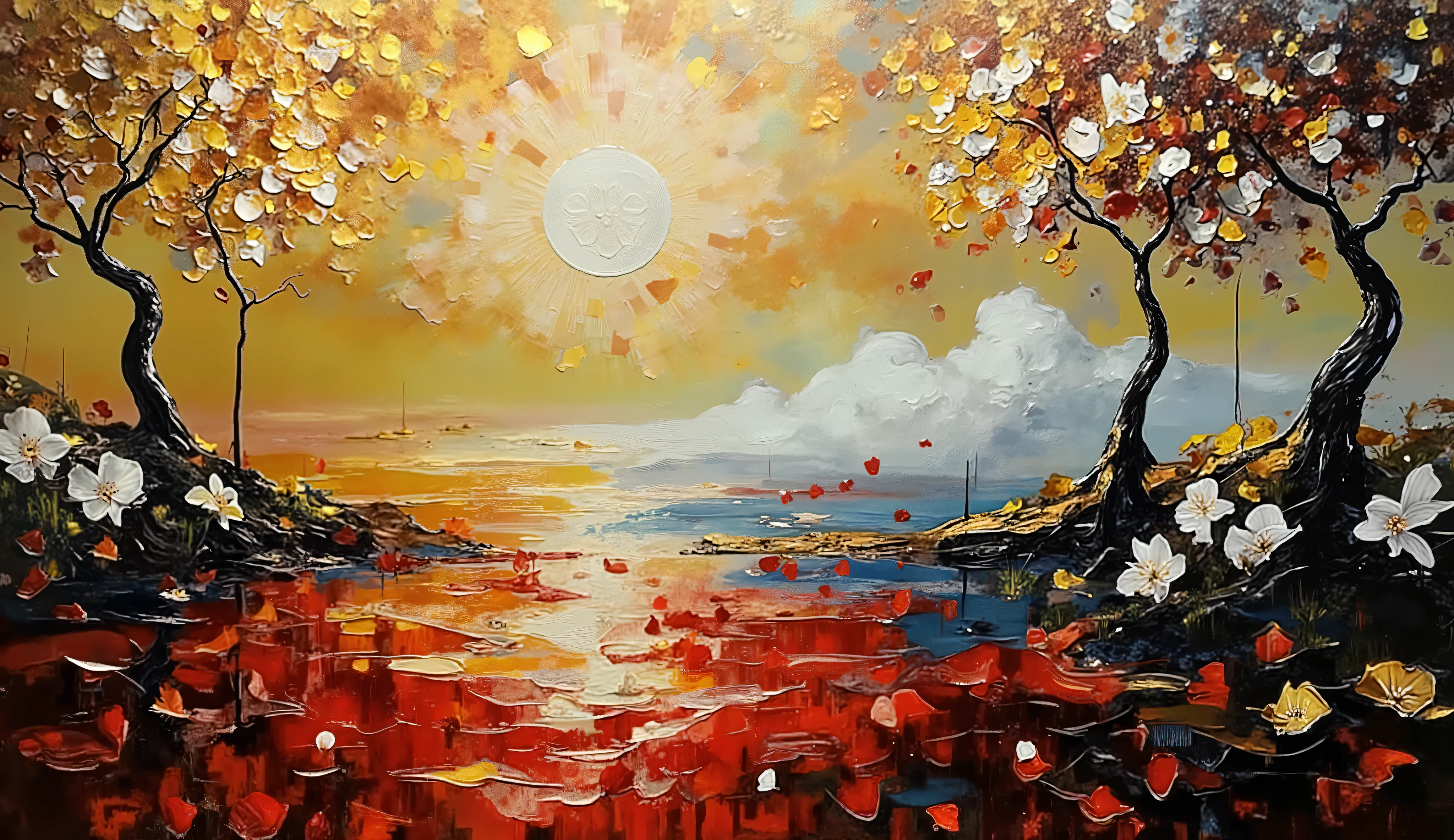 Abstract expressionist style with emotional color blocking, hypnotic surreal lake scene with liquid gold and crimson waters swirling together, stark black twisted trees and white flowering plants creating dramatic silhouettes along the shore, golden particles suspended like fireflies creating atmospheric bokeh, bird's eye view showcasing the entire landscape composition, theatrical lighting with golden rays piercing through abstract clouds, otherworldly atmosphere that feels between reality and dreams, white mist rising from where gold meets red on the water's surface, scattered red petals floating across the reflective surface, bold texture variations between smooth water and rough vegetation, precise limited palette of blood red, pitch black, pure white and metallic gold.