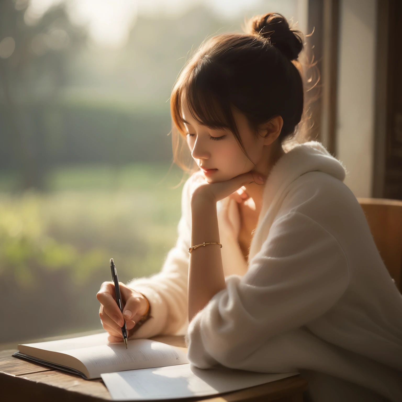 Peaceful Writing Woman sitting at a table writing in a notebook with a pen - SeaArt AI
