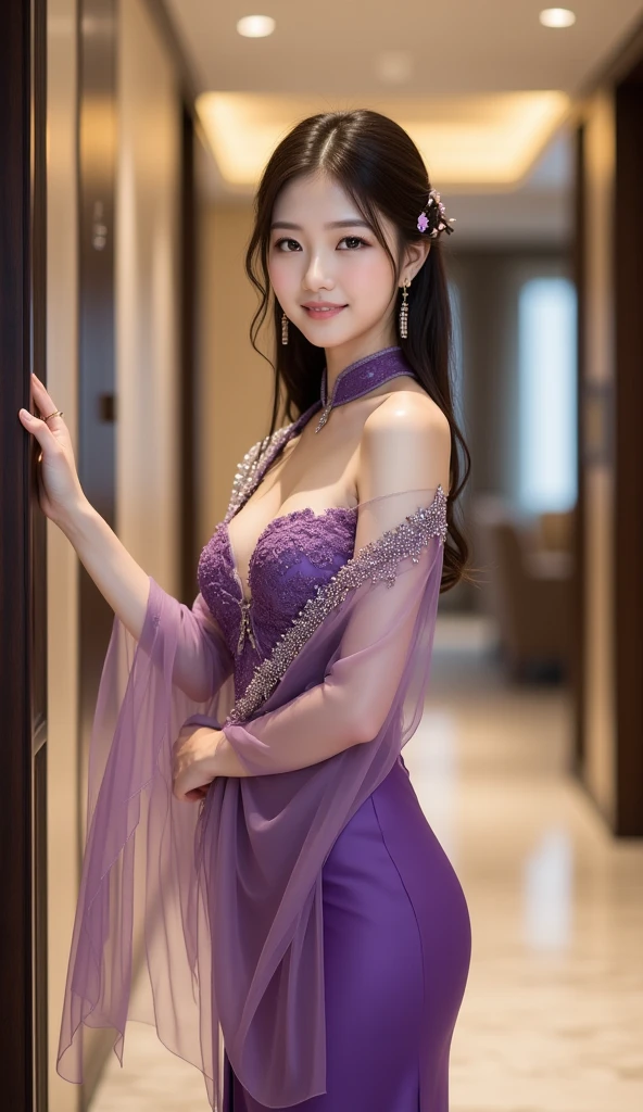 The art depicts a charming woman in a flowing, silky traditional oriental dress in green, decorated with intricate peony flower patterns and bright colors. Her dress drapes elegantly over her curvy figure, accentuating her seductive silhouette. She sits gracefully under the quiet moon, bathed in the soft glow of the moonlight. The scene exudes an ethereal and dreamy atmosphere, with a touch of mystery and sexiness. The graphic style blends watercolor and digital illustration techniques to evoke a refined beauty and charm. The lights are filled with soft moonlight, casting soft highlights and shadows on her charming features. Bare thighs, big breasts, three-dimensional facial features, sitting, 2 hands, 2 legs, side braids
