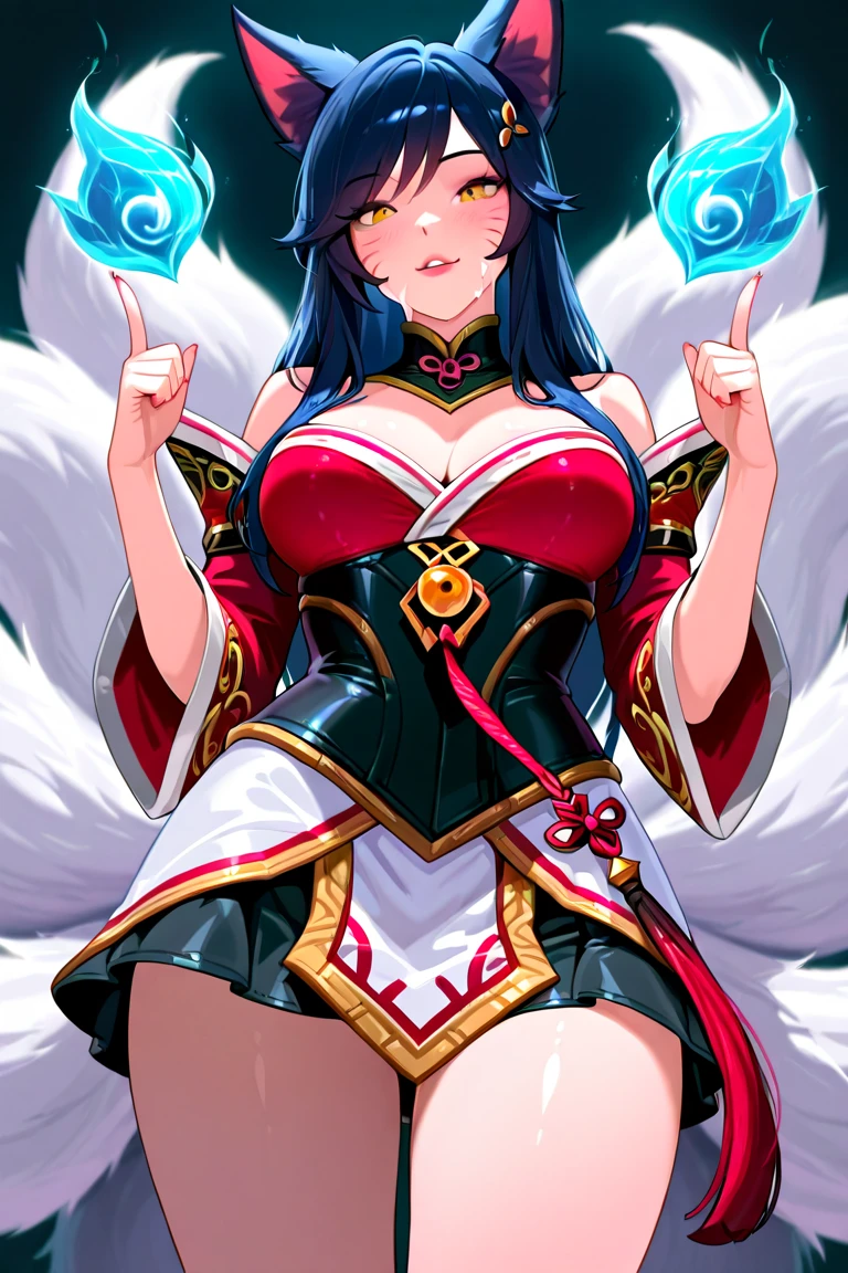 (best quality,ultra-detailed,realistic:1.37),Ahri,spa,luxurious,relaxing atmosphere,beautiful detailed eyes,beautiful detailed lips,smiling,bathrobe,sitting upright,black hair,nine white tails,peaceful background,portraits,vivid colors,soft lighting,tranquil ambiance, bare breasts