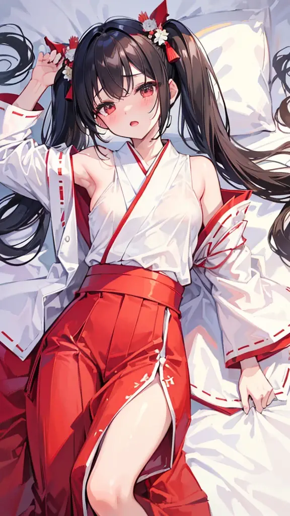 (masterpiece、Highest quality、Very detailed))、One girl、Black Hair、Long Hair、twintails、blush、((Open Mouth))、Small breastiko、((White kimono))、((Red Hakama))、Cowboy Shot、Lying on your back in bed、((open clothes))、Shoot from above