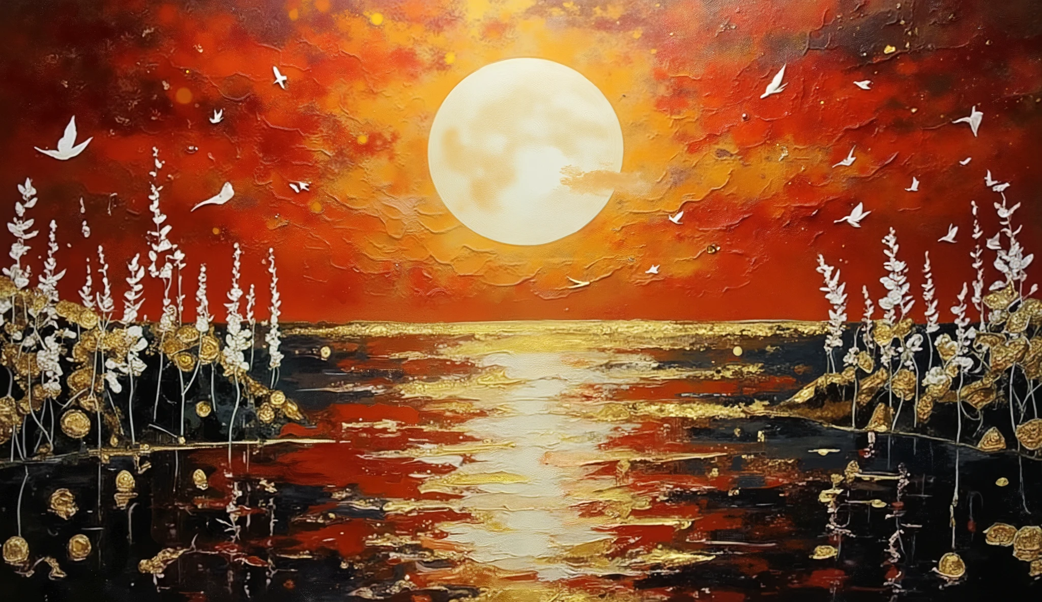 Surrealist art style with sharp contrasts, mesmerizing lake with unnaturally smooth black and red waters reflecting a massive golden sun, stark white reeds and strange flora emerging from ebony banks, golden dust particles floating in the air creating a magical bokeh effect, perspective from the shoreline looking across the entire expanse, dramatic backlighting creating silhouettes and golden outlines, dreamlike atmosphere with impossible physics, reflections more vivid than reality itself, scattered white birds frozen in flight against the red sky, gold leaf technique appearance on water ripples, limited color palette of crimson, obsidian, ivory and metallic gold.
