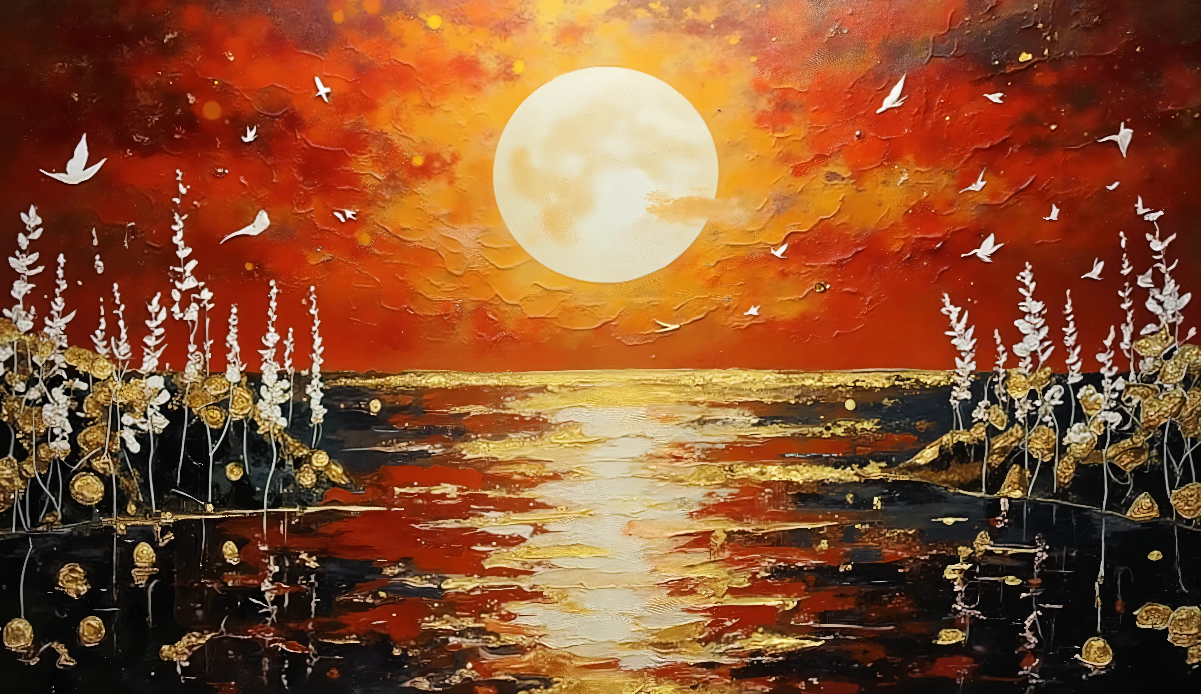 Surrealist art style with sharp contrasts, mesmerizing lake with unnaturally smooth black and red waters reflecting a massive golden sun, stark white reeds and strange flora emerging from ebony banks, golden dust particles floating in the air creating a magical bokeh effect, perspective from the shoreline looking across the entire expanse, dramatic backlighting creating silhouettes and golden outlines, dreamlike atmosphere with impossible physics, reflections more vivid than reality itself, scattered white birds frozen in flight against the red sky, gold leaf technique appearance on water ripples, limited color palette of crimson, obsidian, ivory and metallic gold.