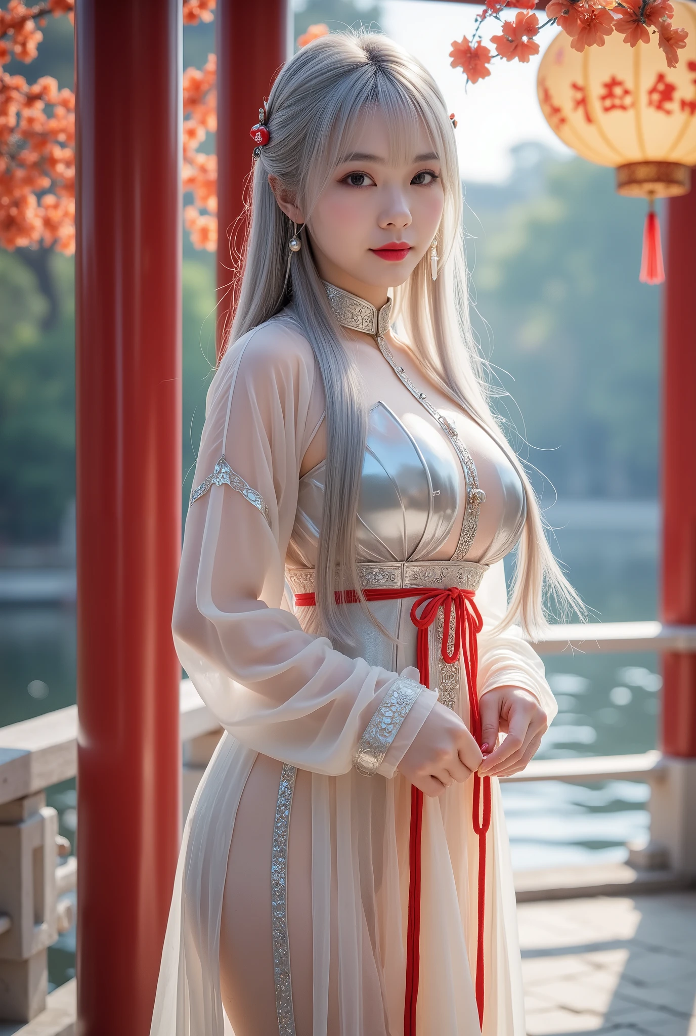 1 girl,Precise、perfect face shape:1.3,beautiful five fingers, small breasts,chinese clothes,Long slender legs, reverse exchange,(Siamese Style Translucent Latex Dress),(On clothes,There's a pearl ),(, the princess, long, bright silver hair reflecting moonlight, twintile hairstyle, 18, tall 167, proportions 32 20 33),She was strolling at the waterfront pavilion, with a crescent moon floating behind ,(, she had a red rope tied all over her figure, with a rope tied at the back of her hand.) , (She was wearing a transparent silver latex Chinese New Year dress over a rope.),(earrings, hair clip, Metal Collar ,thigh bands,Metal Bondage high heels ),(shibari ,shibari under clothes), tears,Looking at the camera with a poor posture, The background is decorated with trees, colorful flowers.,Seen from head to toe