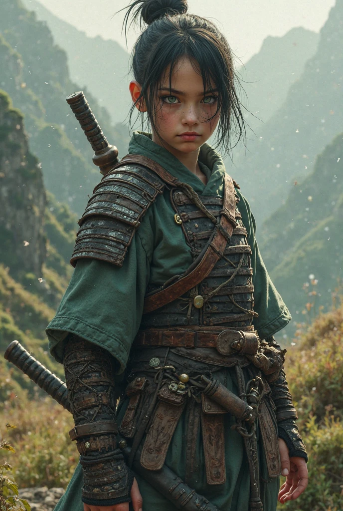 A strong samurai boy with dark hair and green eyes with lines running from his chest to his cheeks