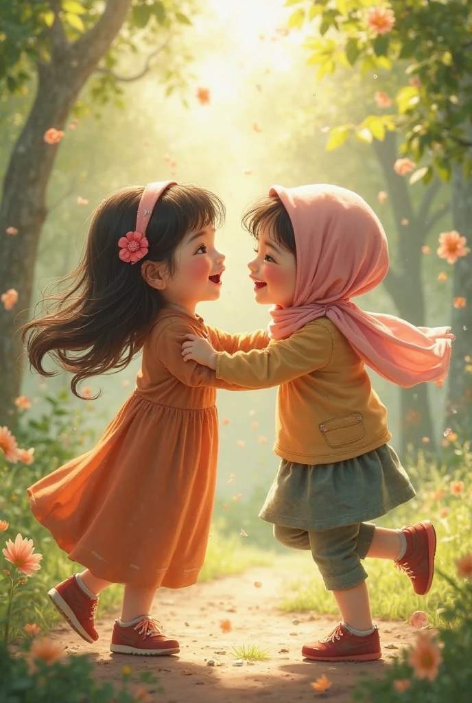 An eighteen-year-old girl and a 2 girl are walking hand in hand in the park in the evening. Real pictures of Bangladeshi people. Their body and body and face should be like normal people