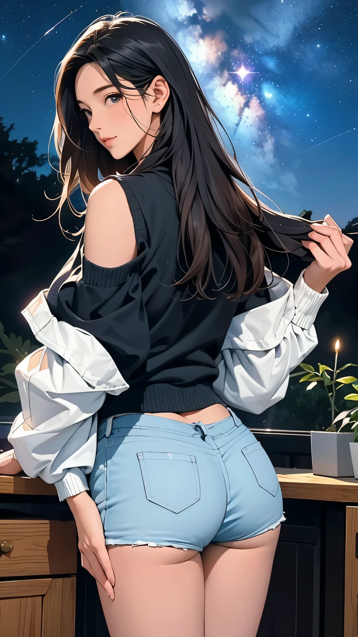 beautiful mature woman、23 age, stripping room、Changing clothes、underwear、Beautiful butt.beautiful sky, Night sky with beautiful stars, milky way,
