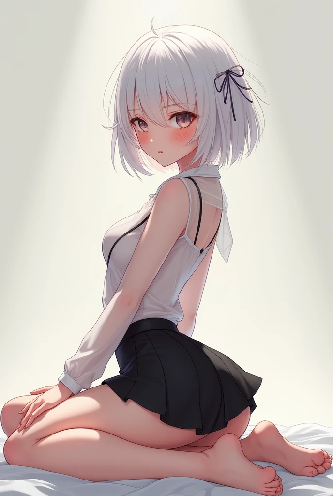 Tank top、Miniskirt、Gray Hair、short hair、Ladylike、White underwear、Blushing、Show your crotch、Open your mouth、Show your breasts、