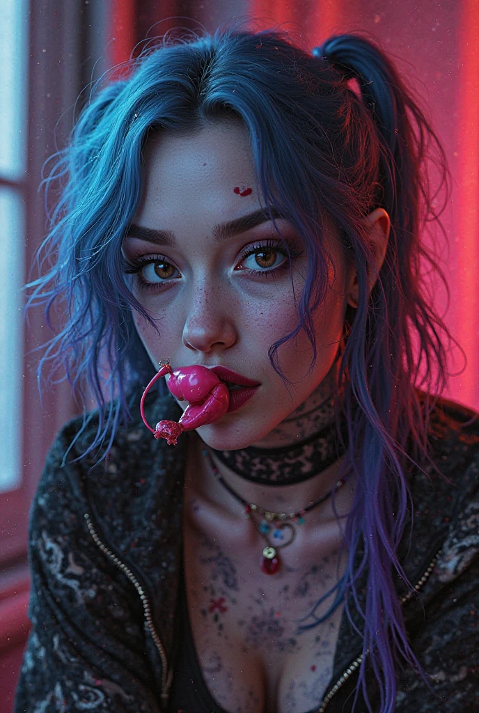 1 beautiful woman, large body, young, braid around forehead, redhead, curly hair, eyes closed, eyelids made up, BLACK SHIRT WITH BLACK HOOD AND SLEEVES, light blue jean pants, HANDS CROSSED, BLACK BAG, asleep, small EARRINGS, ASLEEP WITH MOUTH OPEN, MOUTH OPEN, asleep sitting on the BUS, HEAD thrown IN THE BACKREST.