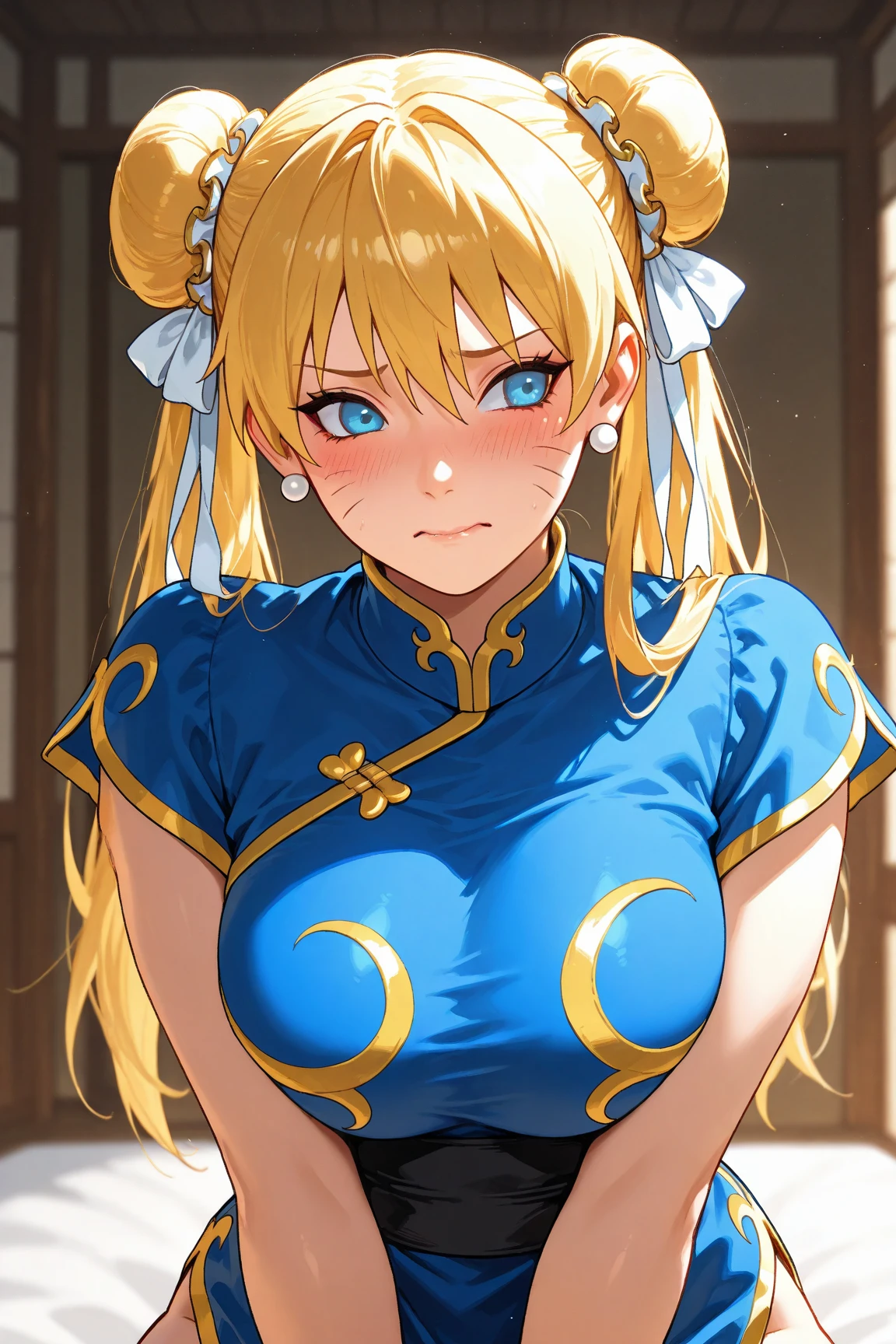 solo focus, an evil tall blonde queen is dragged through the street on a leash, hair bun, torn blue and gold dress, hands cuffed together, bare shoulders, disheveled hair, angry, humiliated expression, crawling, medieval