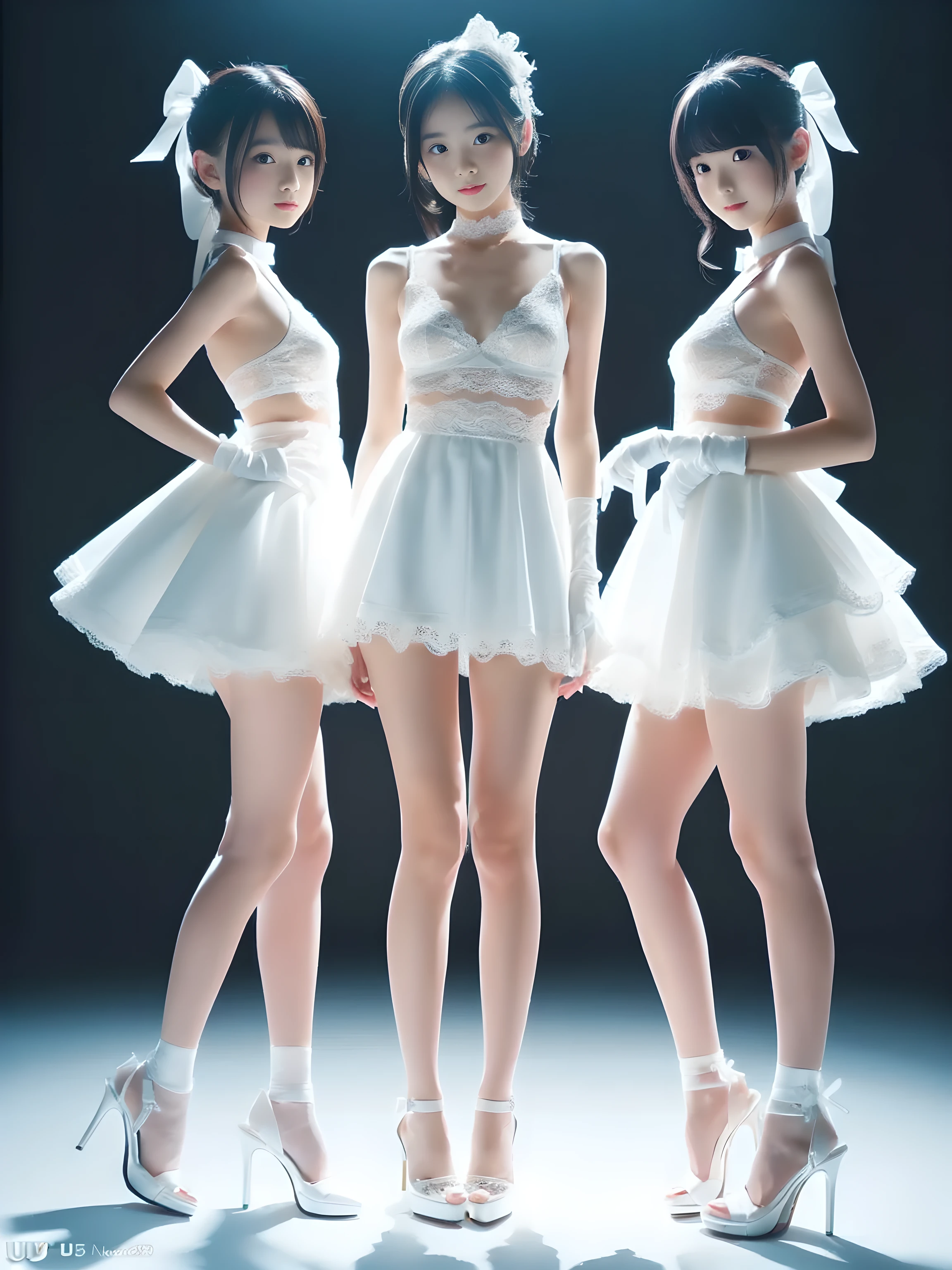 (((Full body portrait:1.5))),(A three-person idol group dressed in pure white outfits),(very cute petite Japanese girls with a slender body and a baby face),(Short stature and skinny body),(short limbs),(extremely cute girls),(very short pure white lace miniskirt),(small breasts:1.5),(white underwear),(thin thighs),(hands behind back),(Frightened face),(open mouth vertically),(drunk),(Voyeur from the side),(facing forward),white hair ribbon,white lace gloves,white stiletto heels,own home,Ultra high definition,Highest quality,high resolution,Extremely detailed depiction,super detailed skin