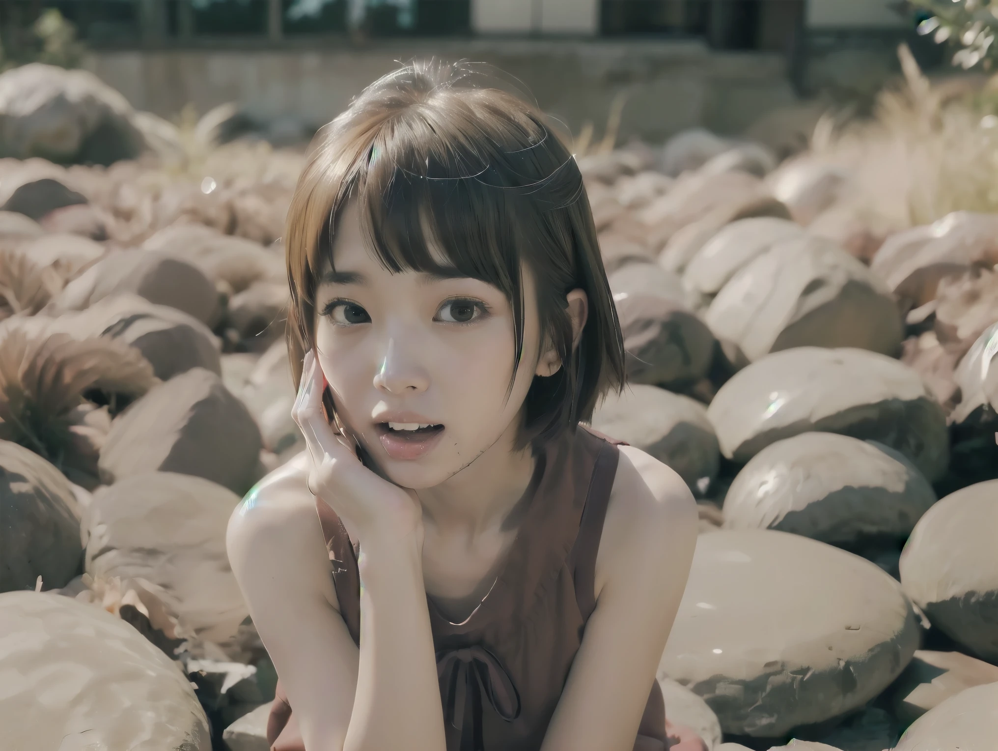 ((accentuate your chest、 Bitch、 lean forward、 Hands Between Legs、 wariza、 ultra seven、 ultra sevenボディスーツ、 short hair、 short bob、 pants、Loose Hair Color、On、 small、 small胸、 dress、 one girl 、 masterpiece、 Japanese Girl、 absurd 、 high image quality 、 super detailed、 teeth 、masterpiece、 very detailed CG、3D Photography、3Dbackground、Unity、8k、そこにteeth何もありません、 TOP QUALITY、Shadowy、 clear focus、 white skin、 detailed eyes drawn on the board、ブラーbackground、dynamic ungle、 Exaggerating Extraordinary Feats 、 closed mouth、 Viewer、[Ultra Clear、 flesh bleeding from vagina 、 赤い頬