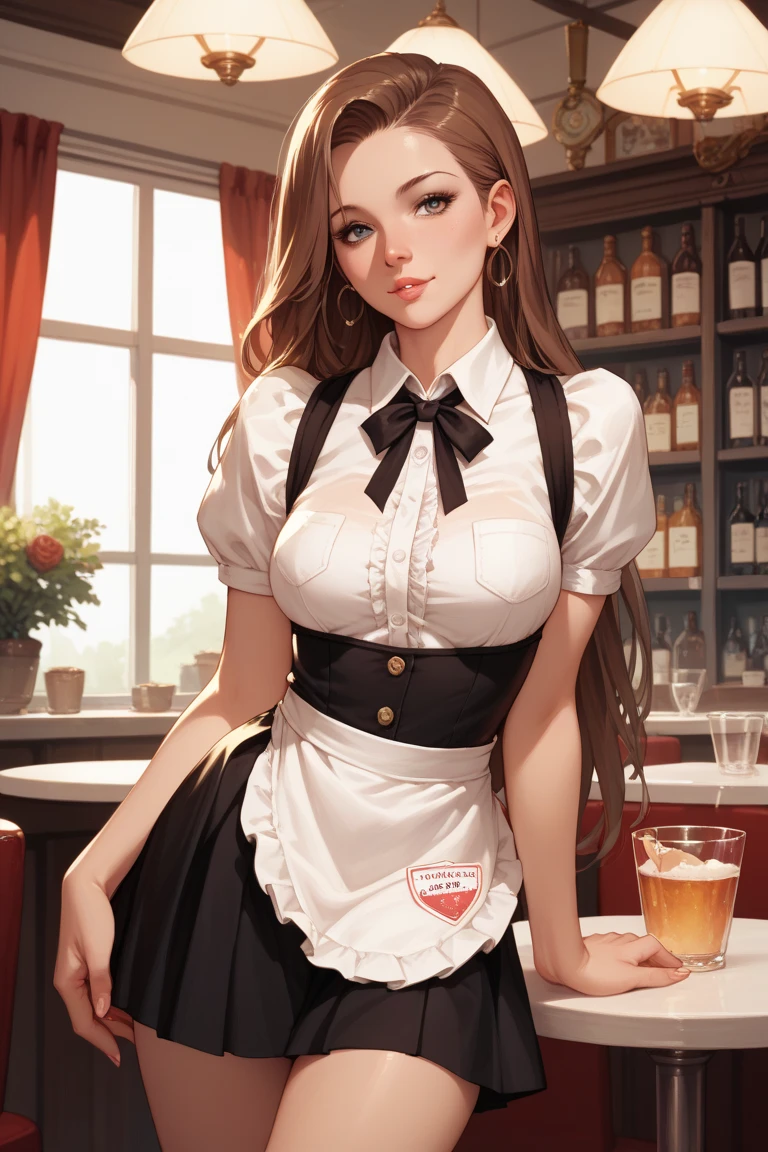 Lucy Pinder, wearing maid uniform, inside tavern