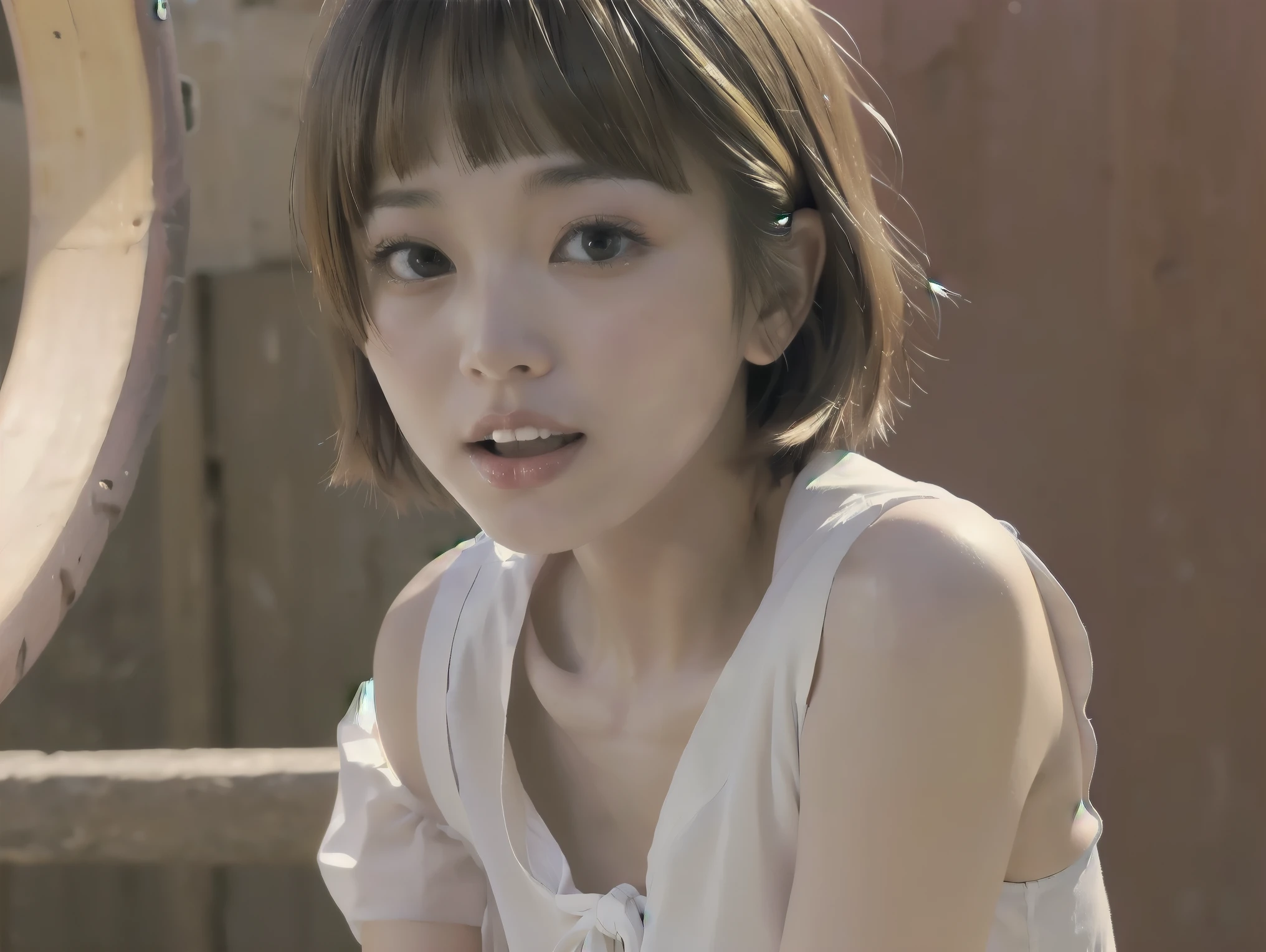 ((accentuate your chest、 Bitch、 lean forward、 Hands Between Legs、 wariza、 ultra seven、 ultra sevenボディスーツ、 short hair、 short bob、 pants、Loose Hair Color、On、 small、 small胸、 dress、 one girl 、 masterpiece、 Japanese girl、 absurd 、 high image quality 、 super detailed、 teeth 、masterpiece、 very detailed CG、3D Photography、3Dbackground、Unity、8k、そこにteeth何もありません、 TOP QUALITY、Shadowy、 clear focus、 white skin、 detailed eyes drawn on the board、ブラーbackground、dynamic ungle、 Exaggerating Extraordinary Feats 、 closed mouth、 Viewer、[Ultra Clear、 flesh bleeding from vagina 、 赤い頬