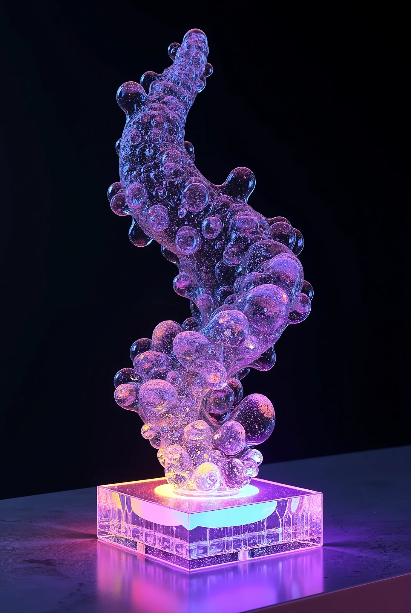 An acrylic stand placed on top of a rainbow-colored LED light, a transparent, twisted, spiral-shaped, bubbly, branching shape, art object, ultra detailed, absolutely resolution, masterpiece