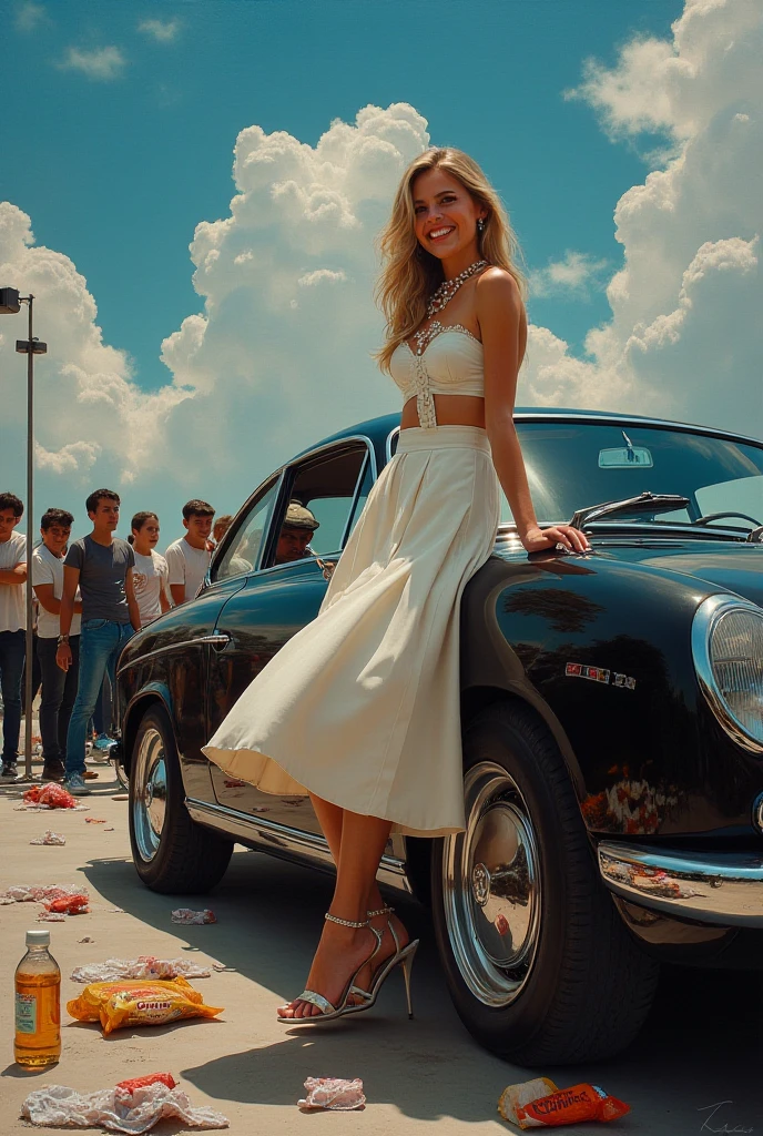 festively dressed movie star run away in panic from a fast moving yellow Mini Cooper at the Hollywood Walk of Fame at hot sunny day