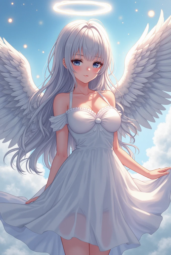This is in My Hero Academia
The girl has long white hair, He has the eyes of an angel, blue with some light blue and slightly slanted eyes., She has porcelain skin, She has white wings, her hero costume is like an angel's dress, somewhat long and with a transparent cape 