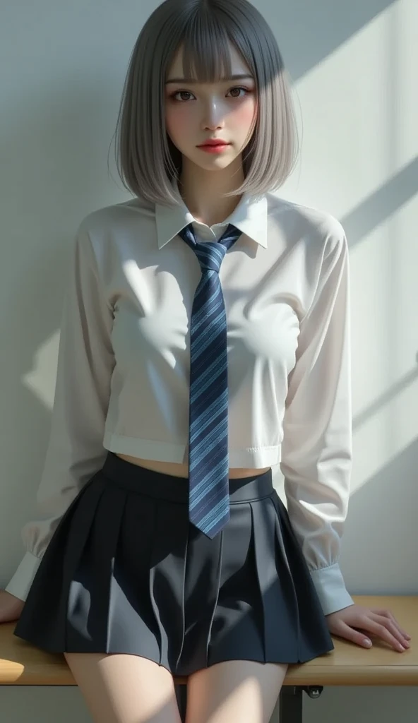 best quality, tmasterpiece,Ultra-high resolution,Clear face,(Reality:1.4),ferpect lighting,(upper body photo), (photorealistic:1.50), anime wallpaper, Guviz style artwork, cover-up fantasy up to magic , by Yang J, Guviz, beautiful artwork illustration, beautiful digital artwork, beautiful digital illustration, Li Song, beautiful anime portrait, art style in Beauvot, bluearchiveshiroko, animal ears, blue eyes, (gray hair:1.5), hair ornament, hair clip, Halation, medium hair, wolf ears,
BREAK plaid shirts, plaid skirts, school uniforms, skirts, scarves,
BREAK looking at the viewers,
BREAK indoors, classrooms, standing,
