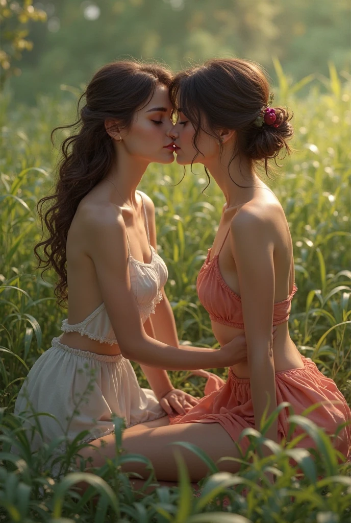 Two age girls with wavy hair, eyes closed, beautiful slender faces, small breasts, small waists, long beautiful legs. Glowing skin, naked, hugging, kissing on the lips, sitting on the grass. Multi-colored flower garden, soft sunlight, blurred background, bokeh