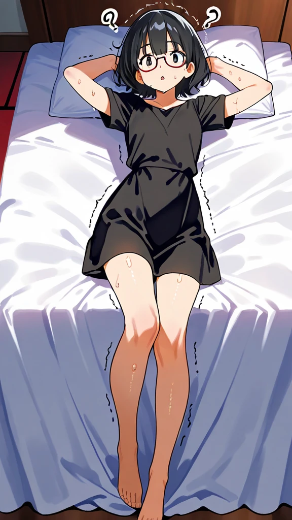 drawing of a woman on a bed, tatsumaki, bedroom, sleeping woman, beautiful, tender, eyes well made hands well made, big hips, anime girl with curly green hair, pink nightgown, small breasts, point of view from above, crossed legs