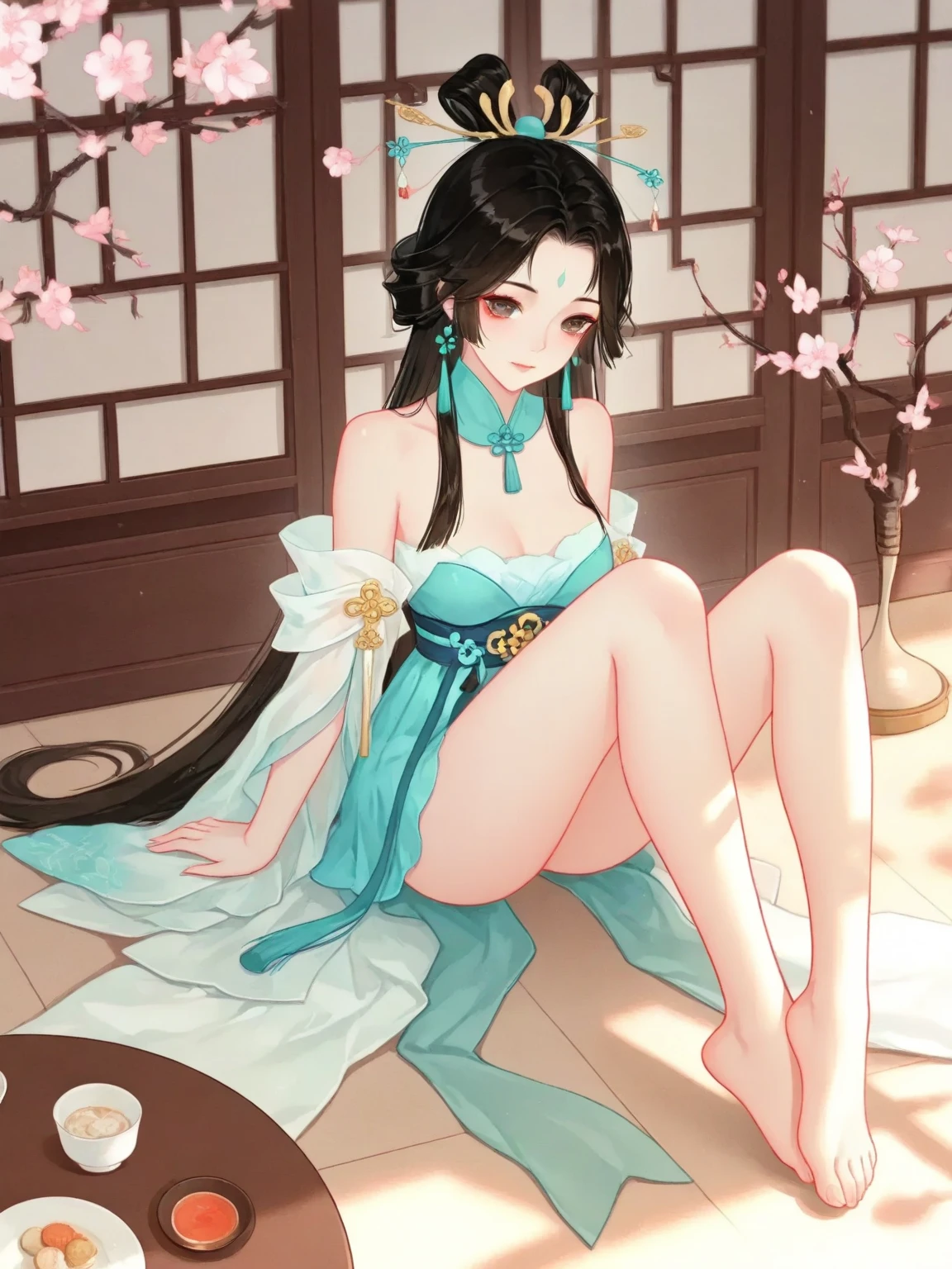 ((1girl)), solo, recine on bed, bed in garden,(half nude),holding, round fan, paper fan, thin hanfu, smoky, ((red curtain)), red lantern, (bamboo), tile roof, silk hanfu, off shoulders,dudou, ass, legs,chinese painting, gongbi style, water color, (trees, artificial mountain,flowers, green leaves), wooden windows, doors, bed, stone,trandional architecture, wall, chinese garden, long hair, looking at eachother, full body, breasts, lips, bangs, nose, closed mouth, medium breasts, (masterpiece, Extremely detailed, best quality, highres:1.2),(ultra_detailed, UHD:1.2),(pixiv:1.3),perfect illumination,distinct ,perfect face,detailed face,beautiful eyes,(bright skin:1.3),idol,(abs),ulzzang-6500-v1.1, pureerosface_v1, soft smile,