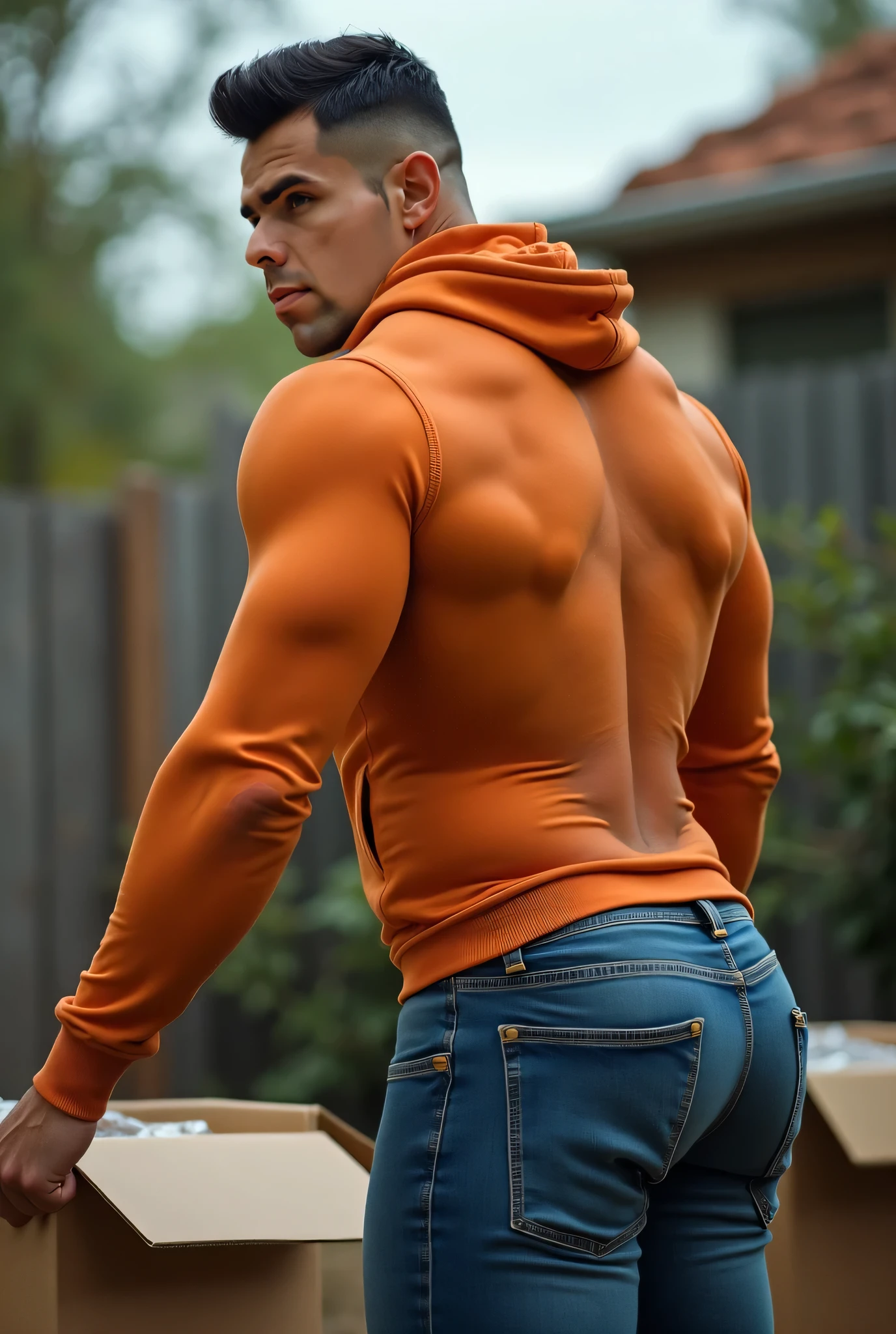 Fullbody standing picture of white skin Handsome muscular nude horny sexy gay man wearing skinny tight shiny orange latex ripped tights, shiny black Disconnected Pompadour oiled hair style, blue eyes, shiny varnished brown shoes, brown belt, red lip, six pack, chain, tattoos, horny, cum shot, sperm, milking penis, very big penis, very big testicle, shiny oiled skin, orgasm, oversexed, masturbation, standing at white lighting show room.