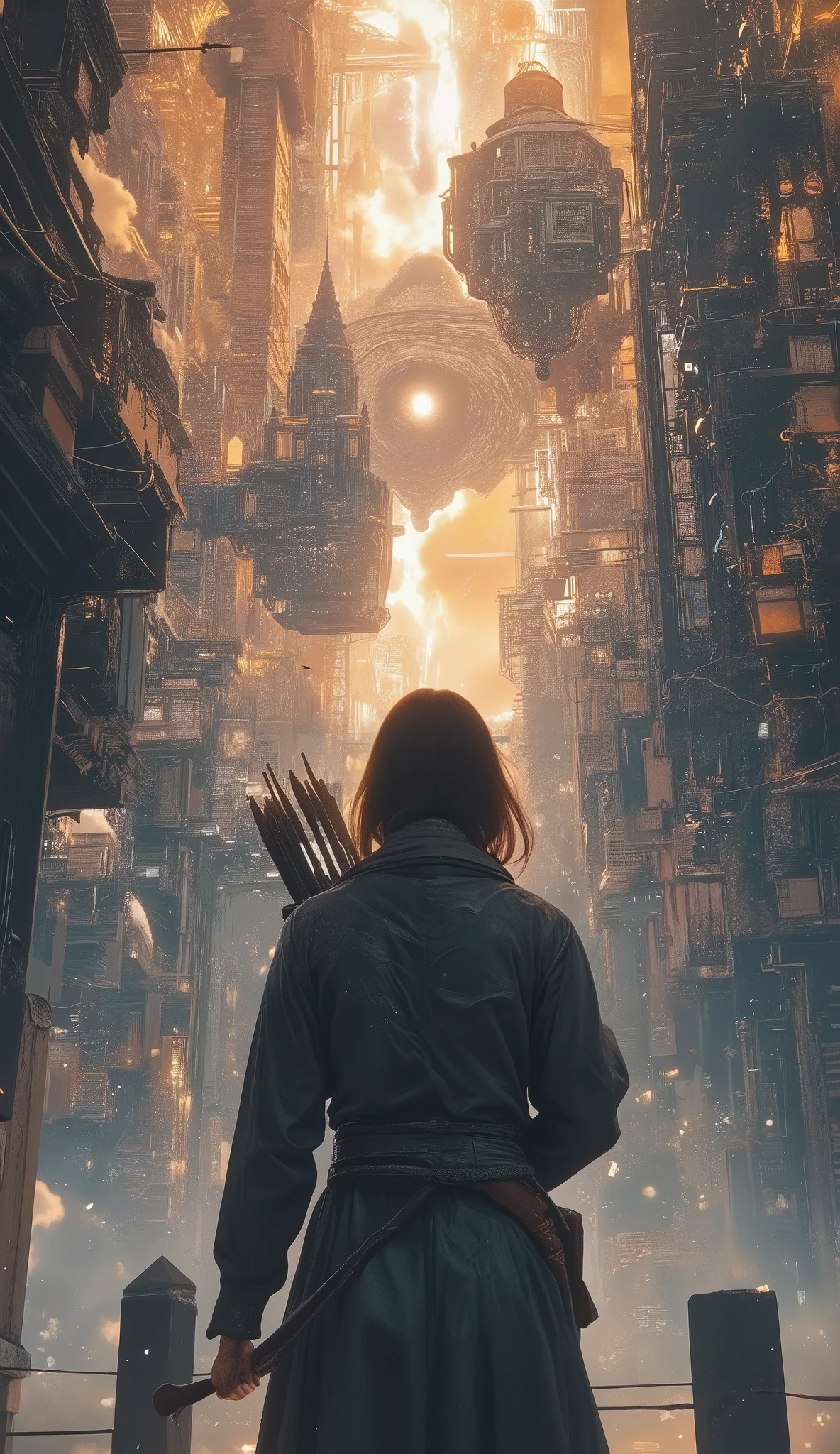Archer Shoots an Arrow into the Sky, alone, Arrows Unleashed from a Bow、Evolve the shape into a floating city, 4K, High Resolution, realistic, Ultra fine, HDR, studio lighting, Brilliant Colors, Soft Bokeh Effects, Fantastic floating city, Arrows in the Clouds, Fearless Expression to Draw a Bow, Moments Transcending Time, Masterpieces, Artistic Conceptual Art
