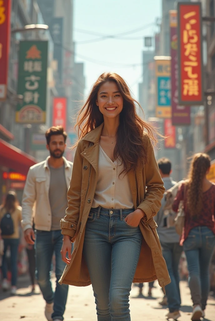 (photorealism:1.2), details, warm colors, beautiful asian woman(sexy curve body, big breast), wearing blue shirt and jeans, high heels, fullbody, walking at the mall, many people walking(man and women), carrying shopping bags, sunglasses